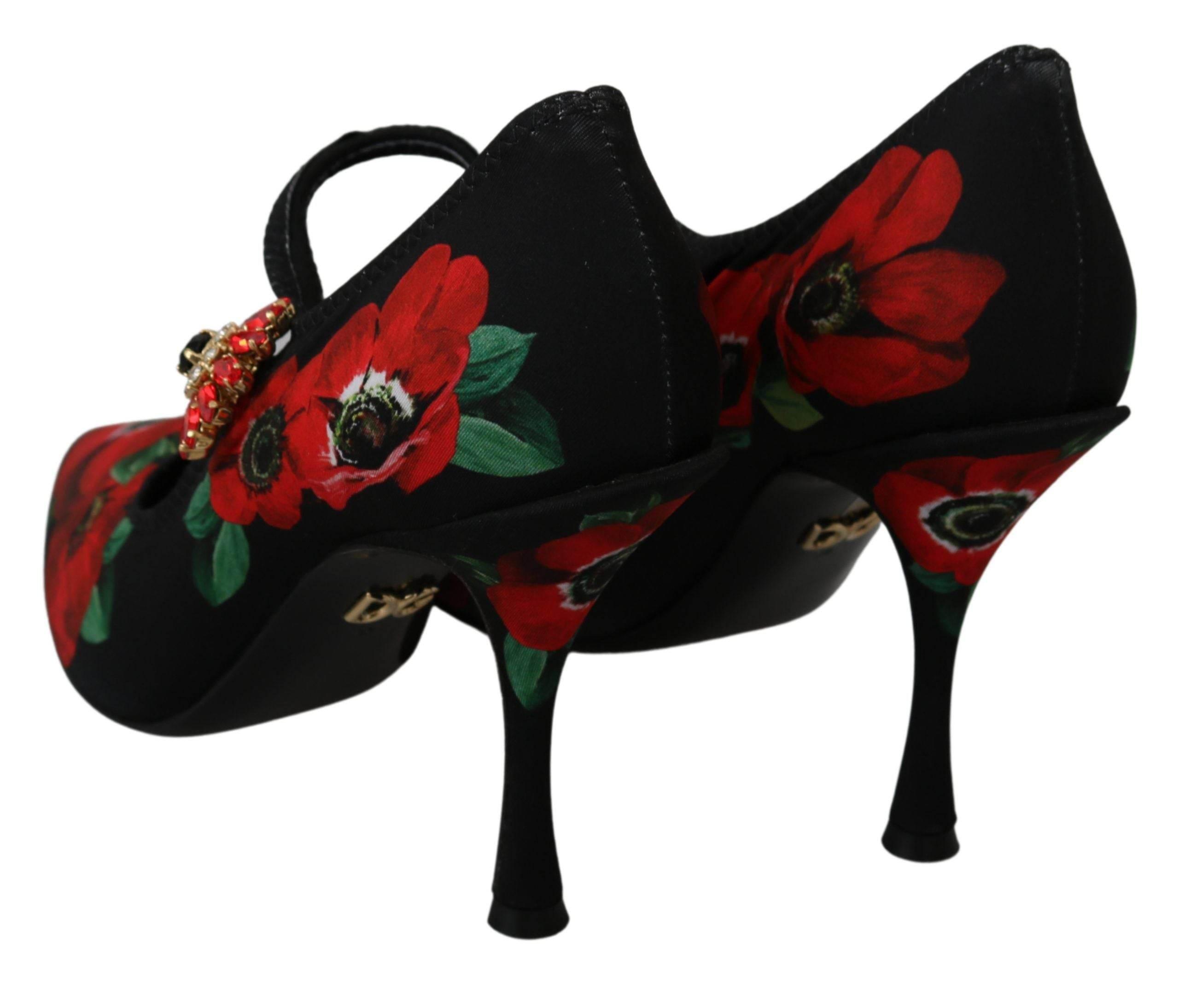 Dolce & Gabbana Black Red Floral Mary Janes Pumps Shoes - Hilstor