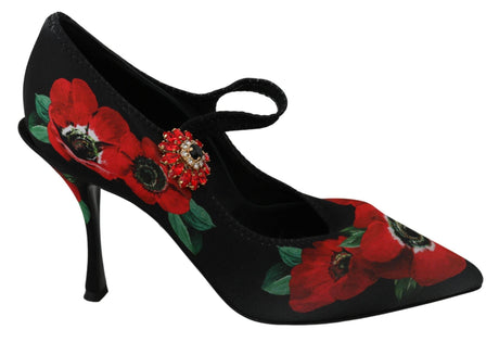 Dolce & Gabbana Black Red Floral Mary Janes Pumps Shoes - Hilstor