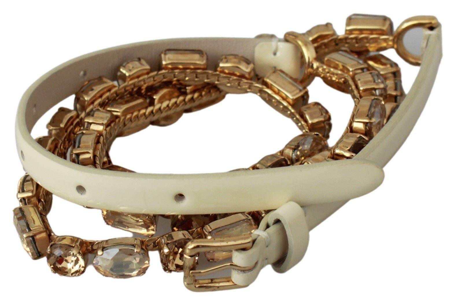 Dolce & Gabbana Champagne Crystal Embellished Leather Belt - Hilstor