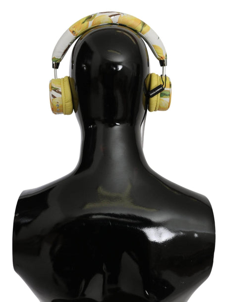 Dolce & Gabbana Chic White Leather Headphones with Yellow Print - Hilstor