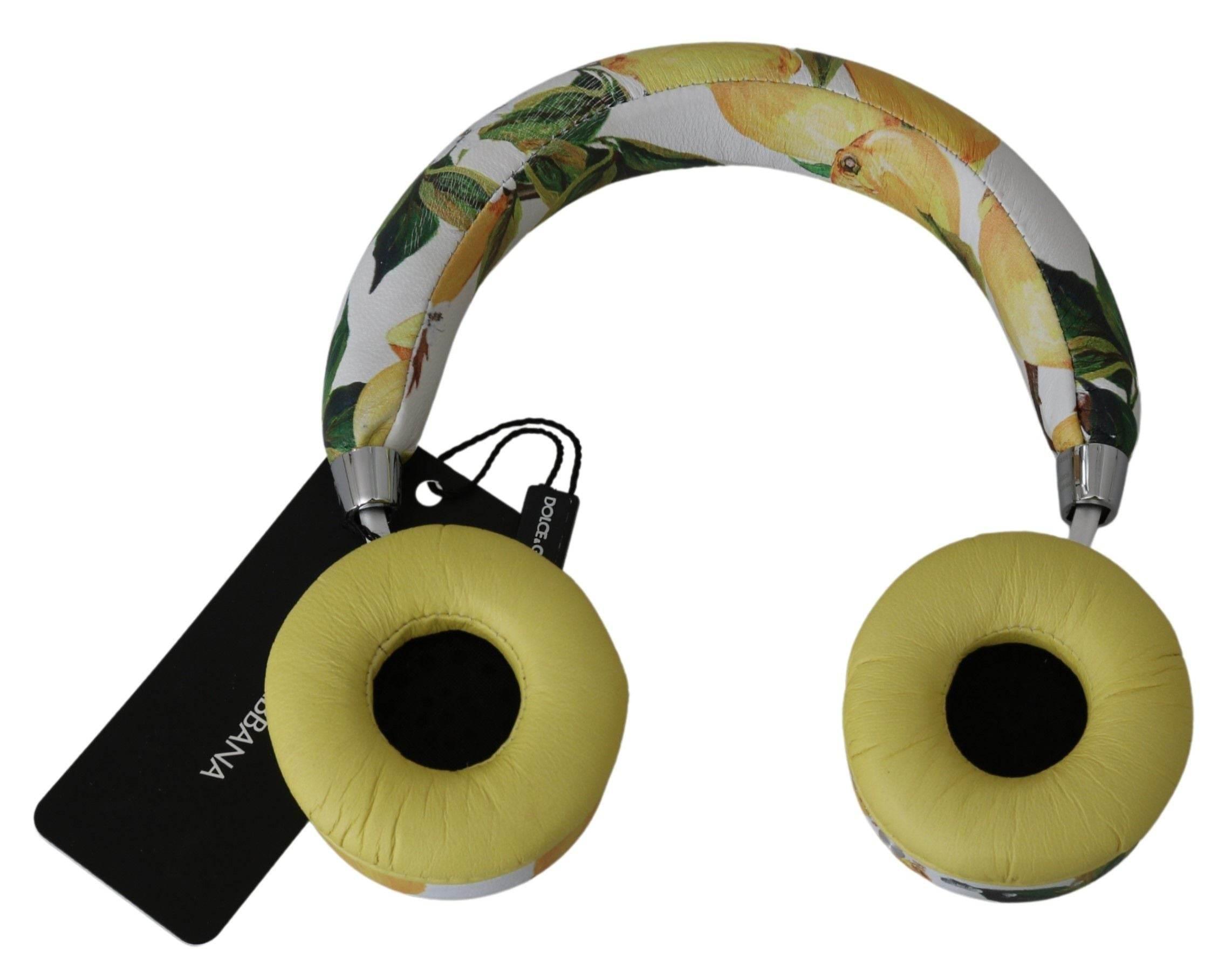 Dolce & Gabbana Chic White Leather Headphones with Yellow Print - Hilstor