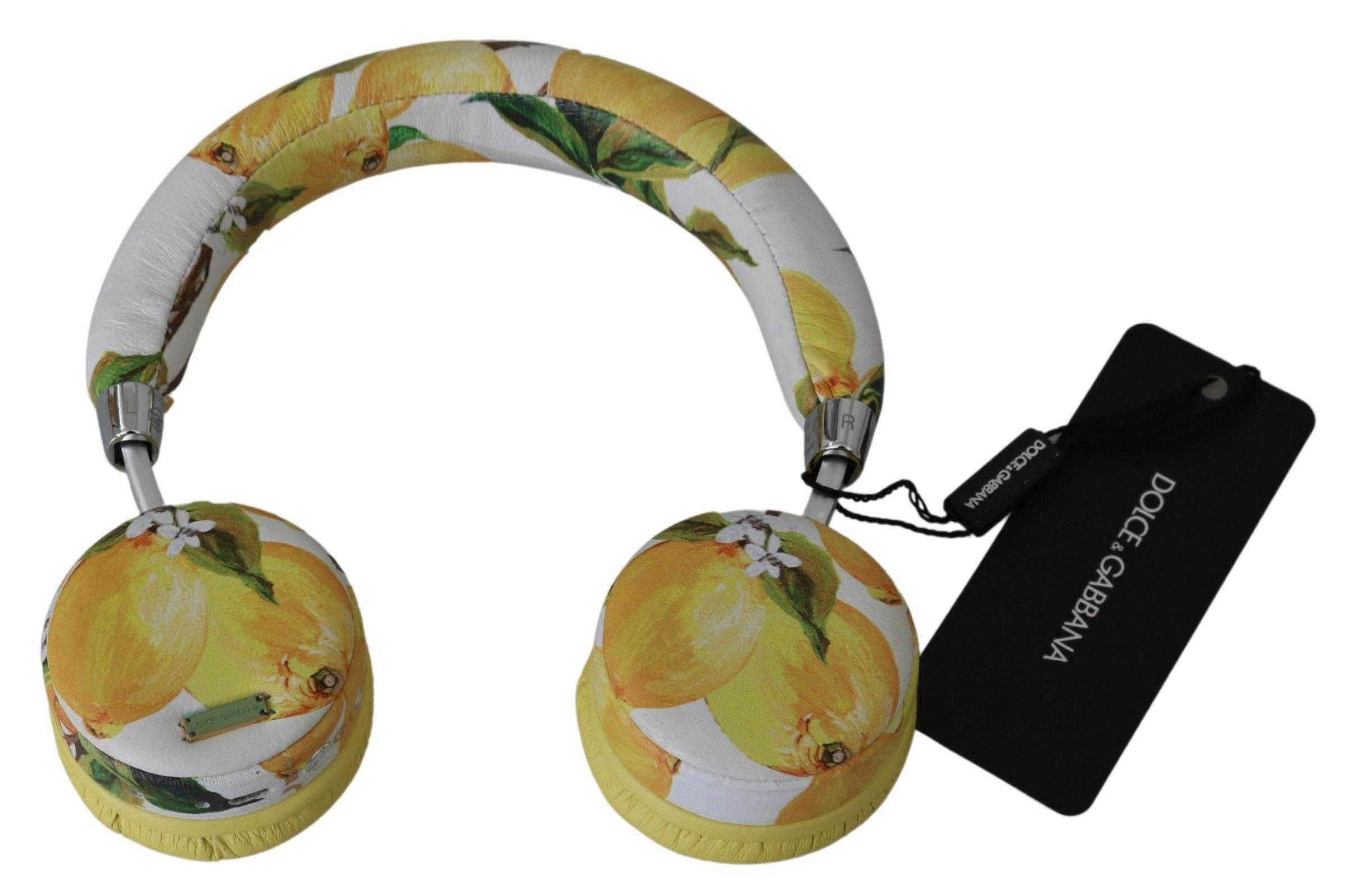 Dolce & Gabbana Chic White Leather Headphones with Yellow Print - Hilstor