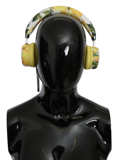 Dolce & Gabbana Chic White Leather Headphones with Yellow Print - Hilstor