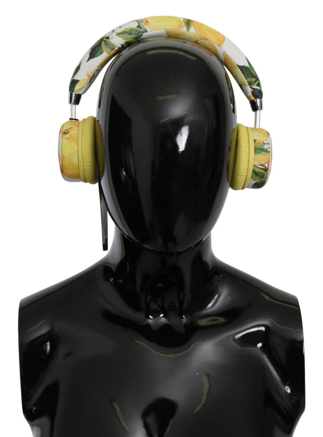 Dolce & Gabbana Chic White Leather Headphones with Yellow Print - Hilstor