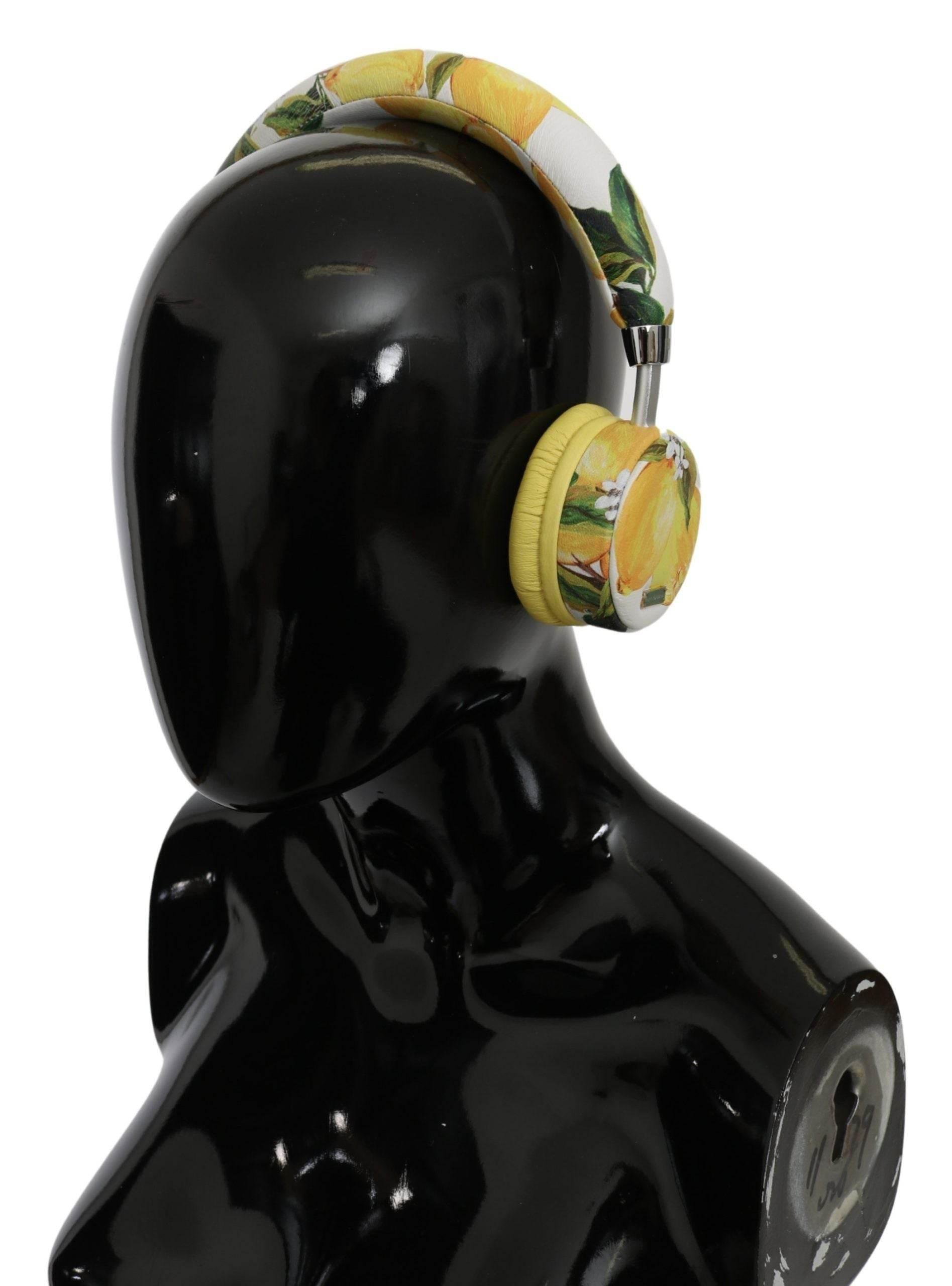 Dolce & Gabbana Chic White Leather Headphones with Yellow Print - Hilstor