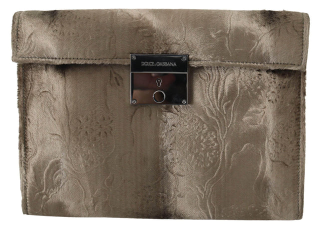Dolce & Gabbana Beige Velvet Croco-Print Leather Briefcase Clutch - Hilstor