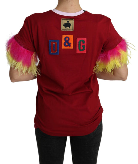 Dolce & Gabbana Red Pig Print Feather Sleeves T-shirt Top - Hilstor