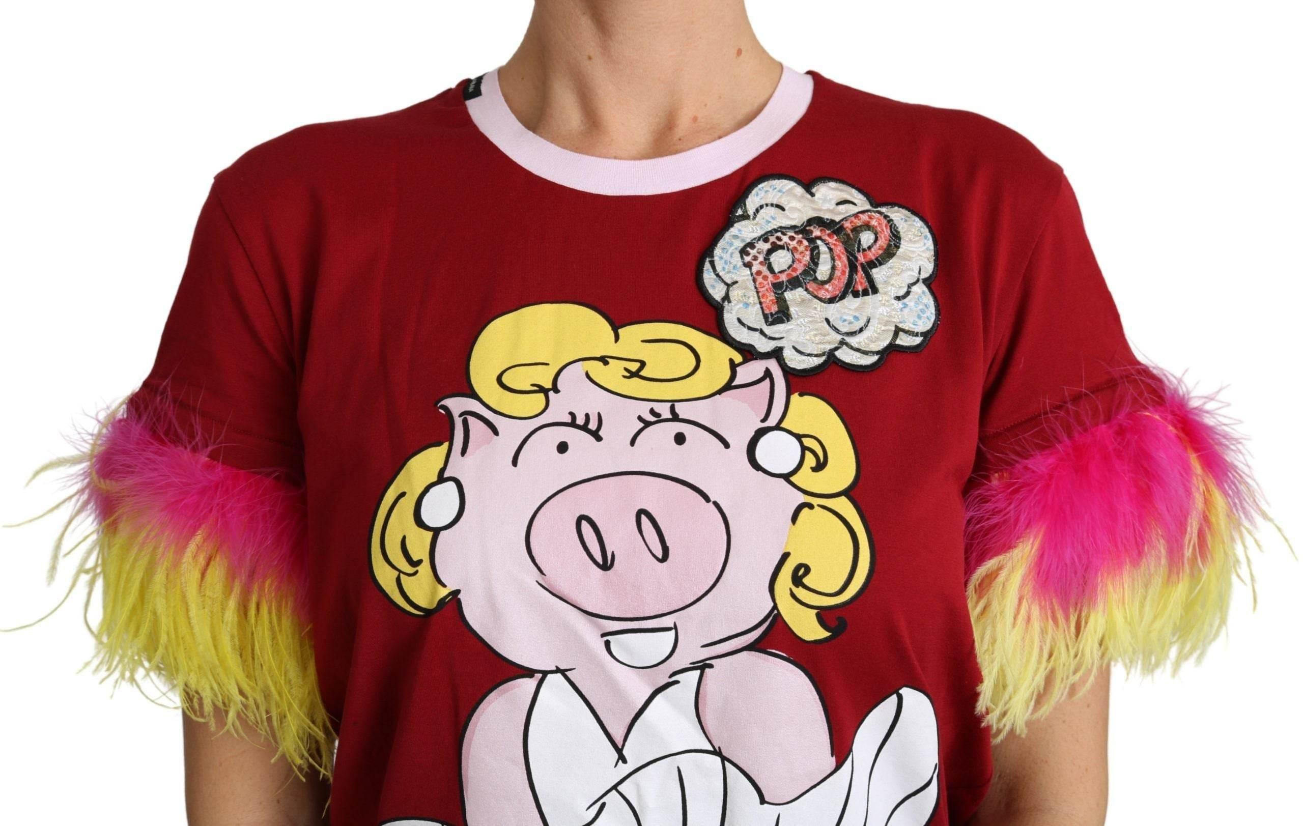 Dolce & Gabbana Red Pig Print Feather Sleeves T-shirt Top - Hilstor
