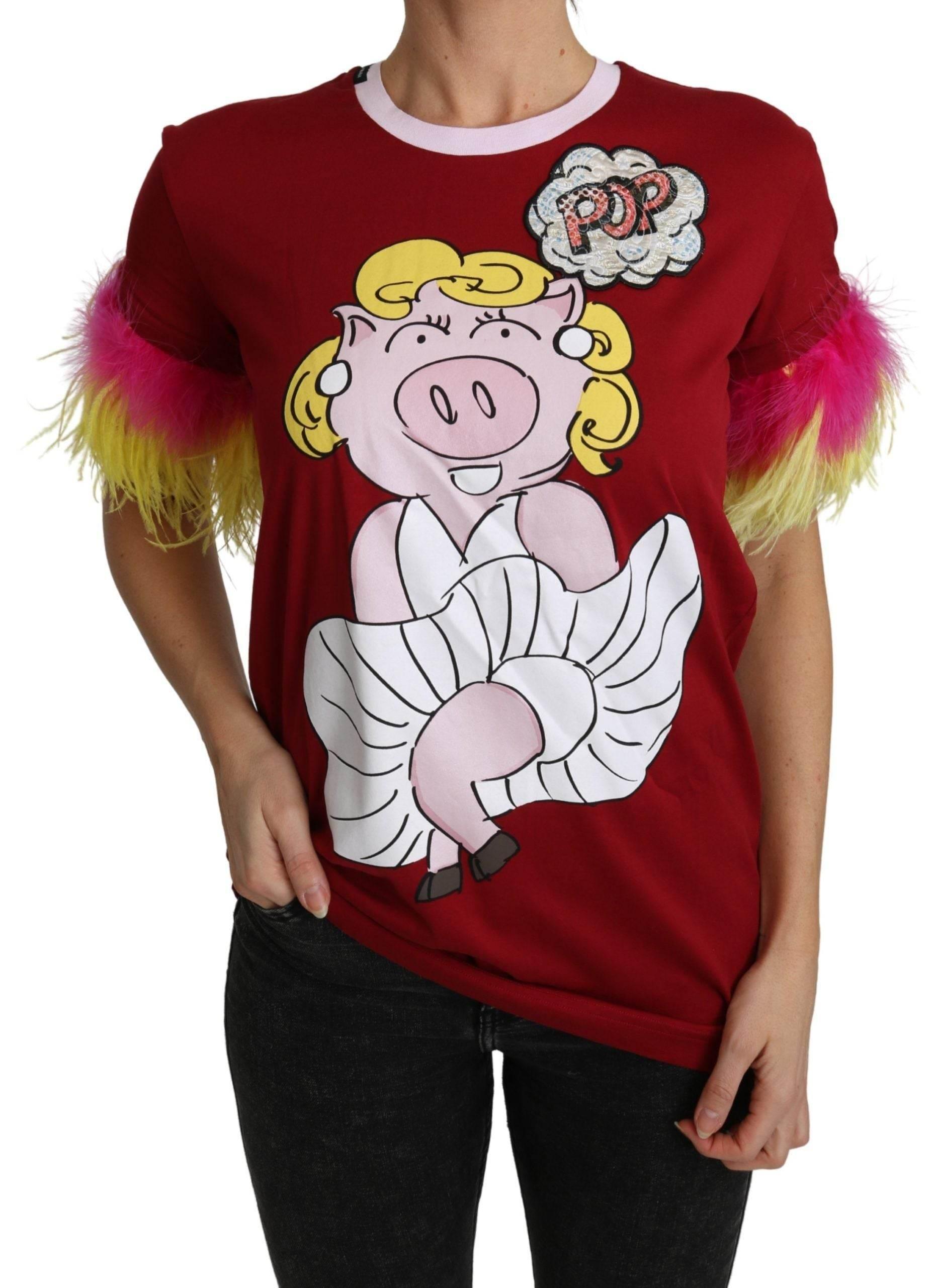 Dolce & Gabbana Red Pig Print Feather Sleeves T-shirt Top - Hilstor