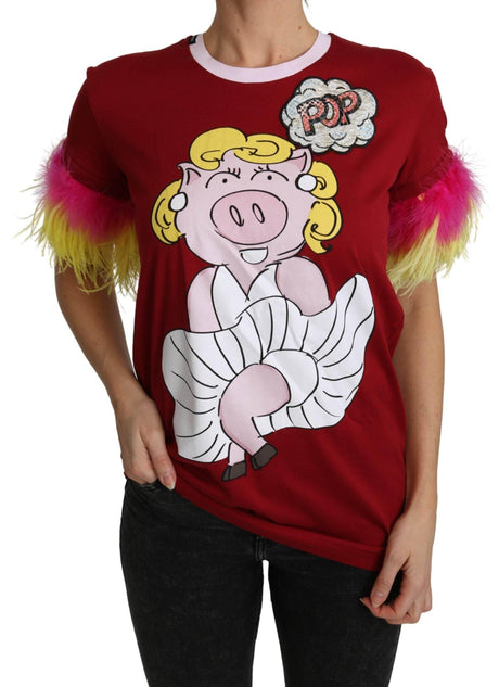 Dolce & Gabbana Red Pig Print Feather Sleeves T-shirt Top - Hilstor