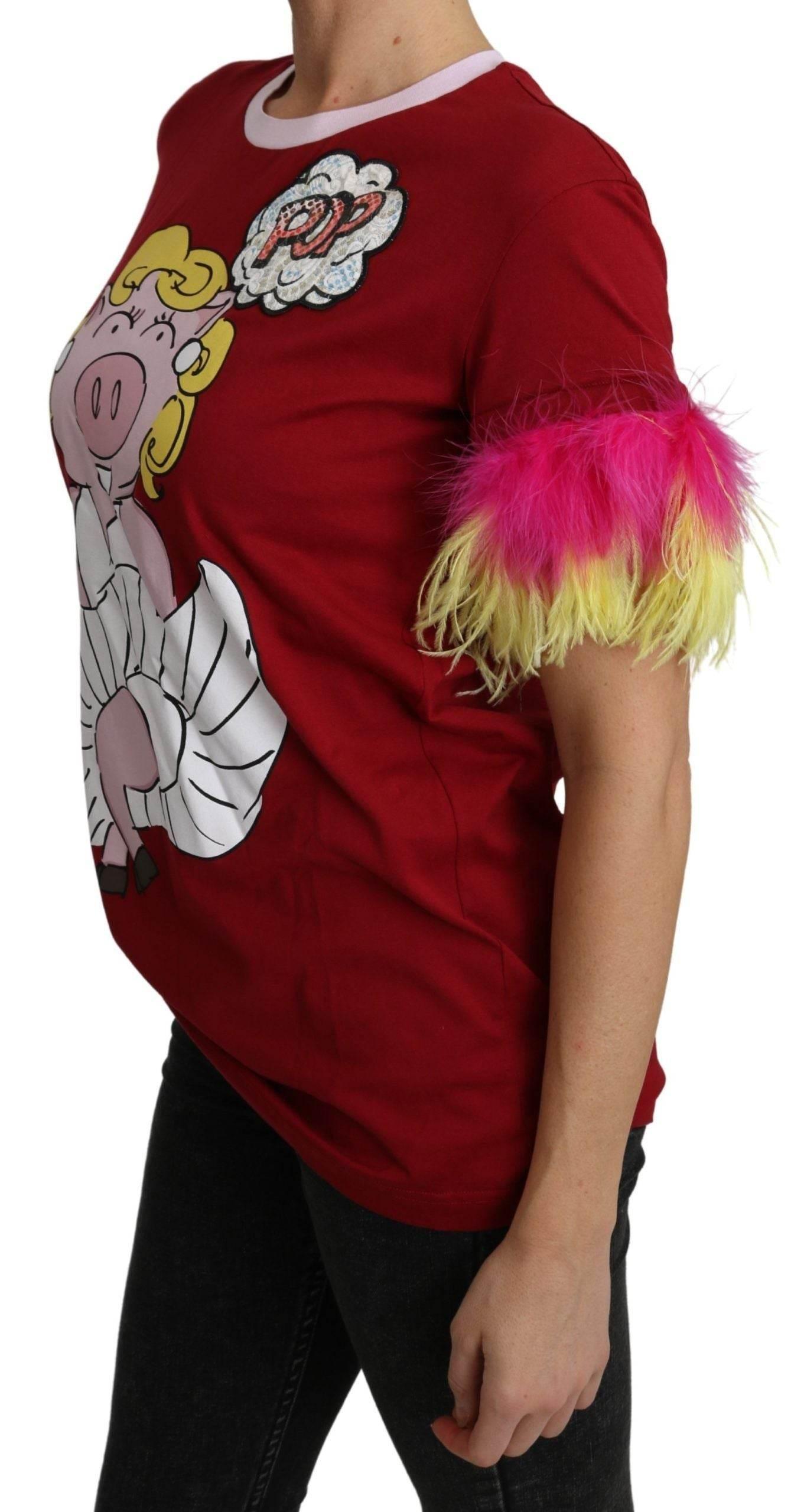 Dolce & Gabbana Red Pig Print Feather Sleeves T-shirt Top - Hilstor