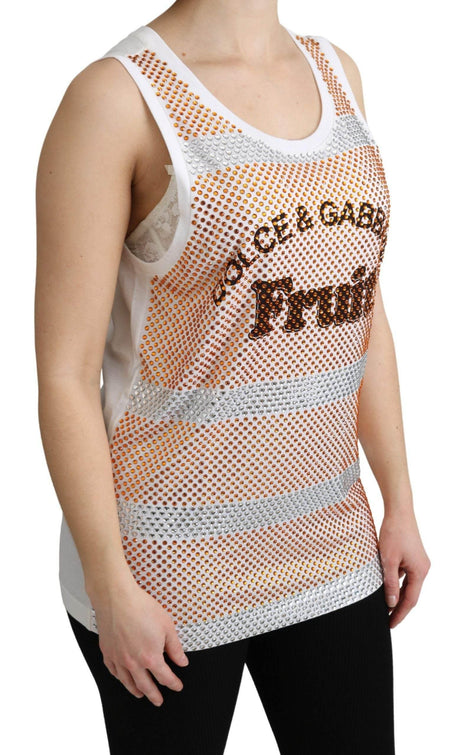 Dolce & Gabbana White Orange Crystal Sleeveless Tank Cotton Top - Hilstor