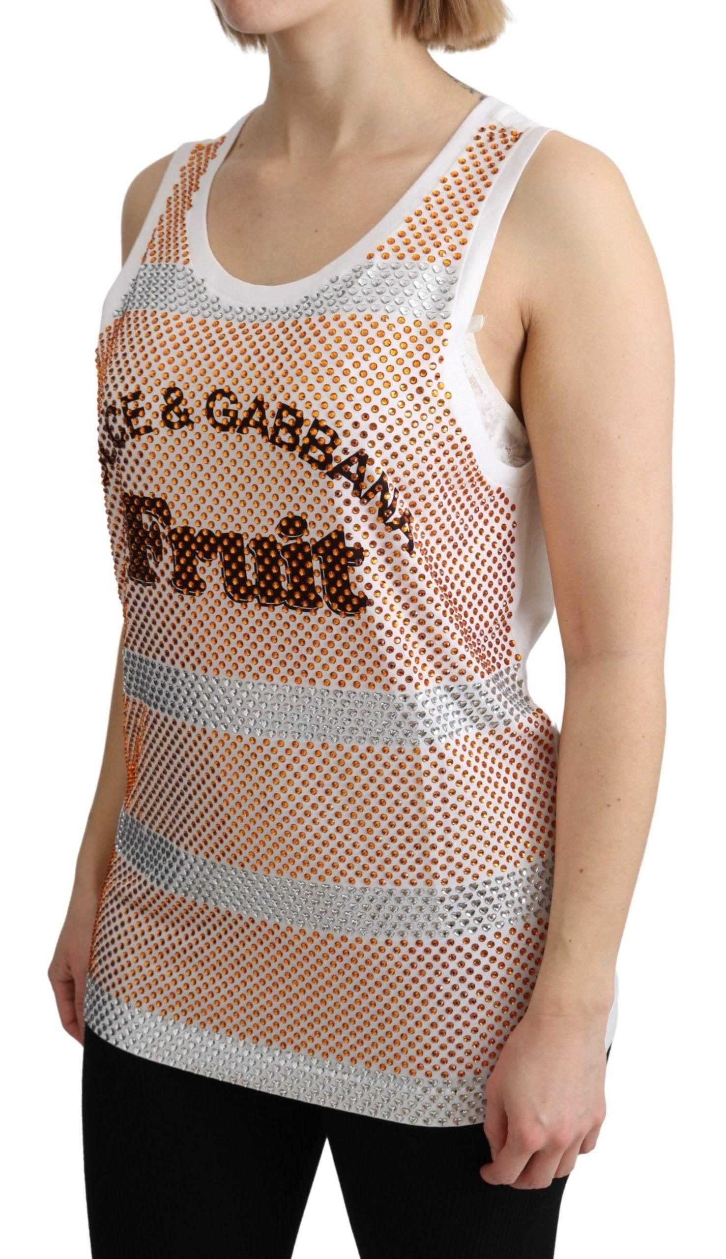Dolce & Gabbana White Orange Crystal Sleeveless Tank Cotton Top - Hilstor