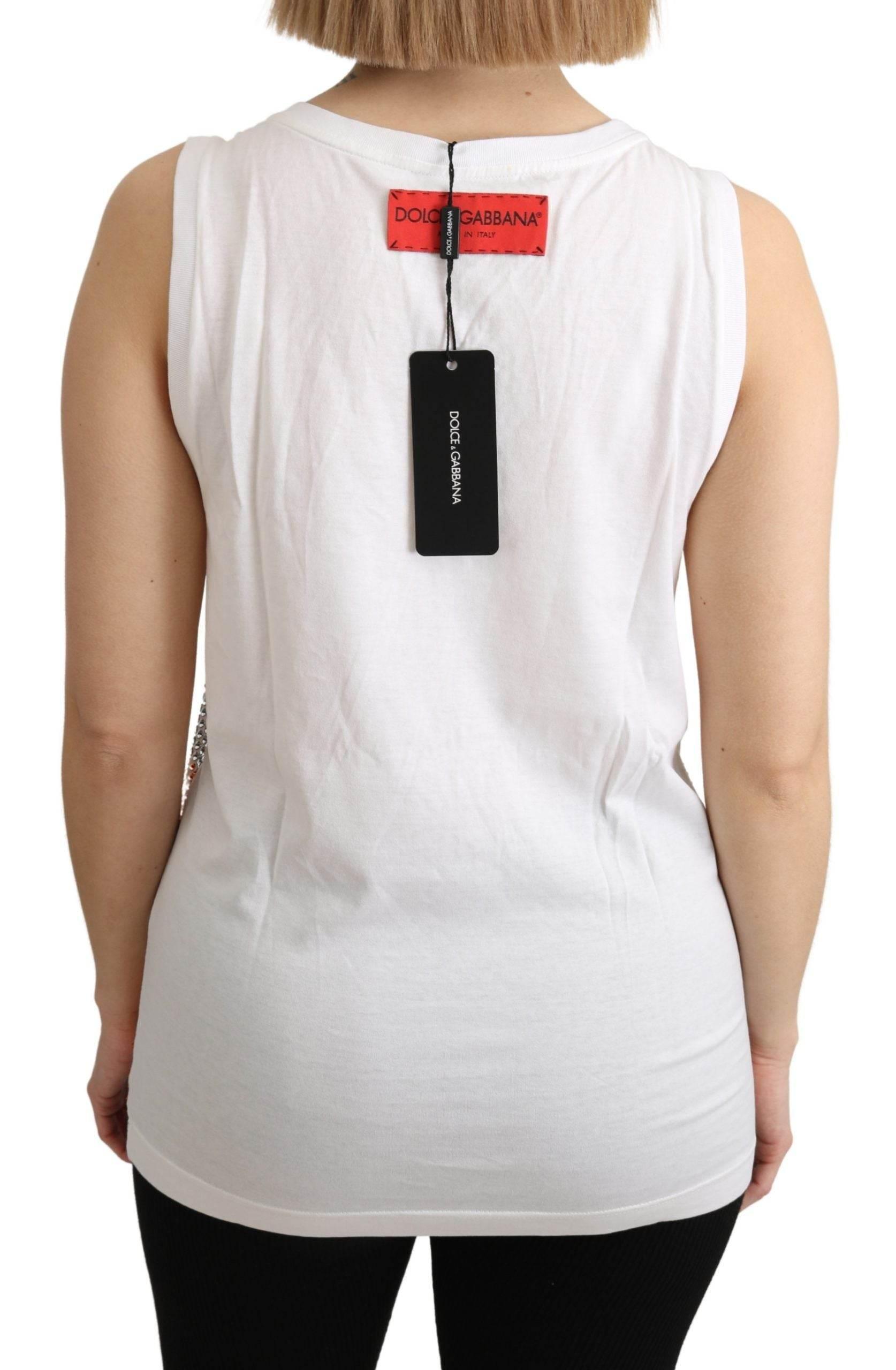 Dolce & Gabbana White Orange Crystal Sleeveless Tank Cotton Top - Hilstor