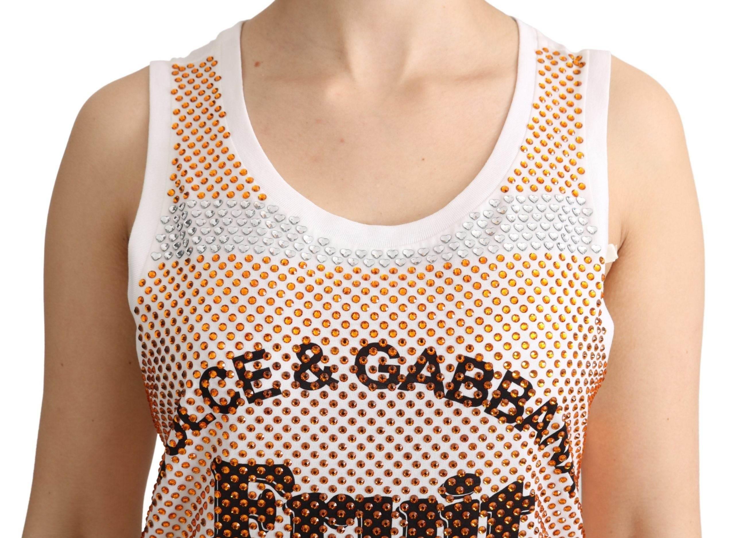Dolce & Gabbana White Orange Crystal Sleeveless Tank Cotton Top - Hilstor