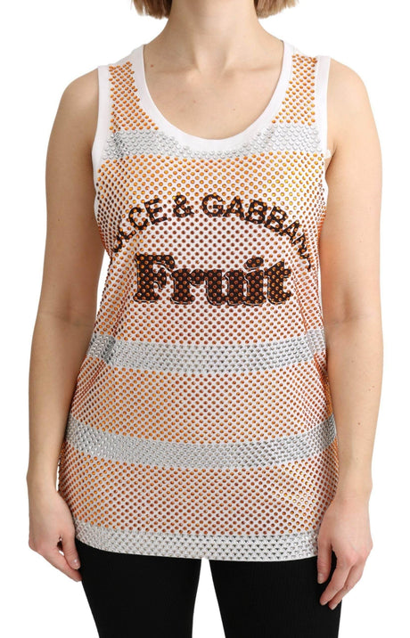Dolce & Gabbana White Orange Crystal Sleeveless Tank Cotton Top - Hilstor