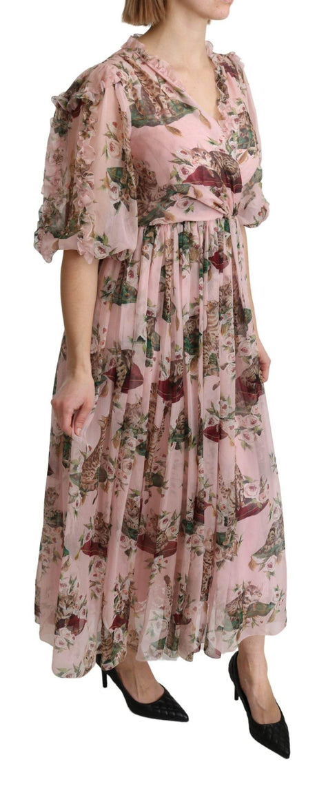 Dolce & Gabbana Elegant Pink Bengal Cat Print A-Line Maxi Dress - Hilstor