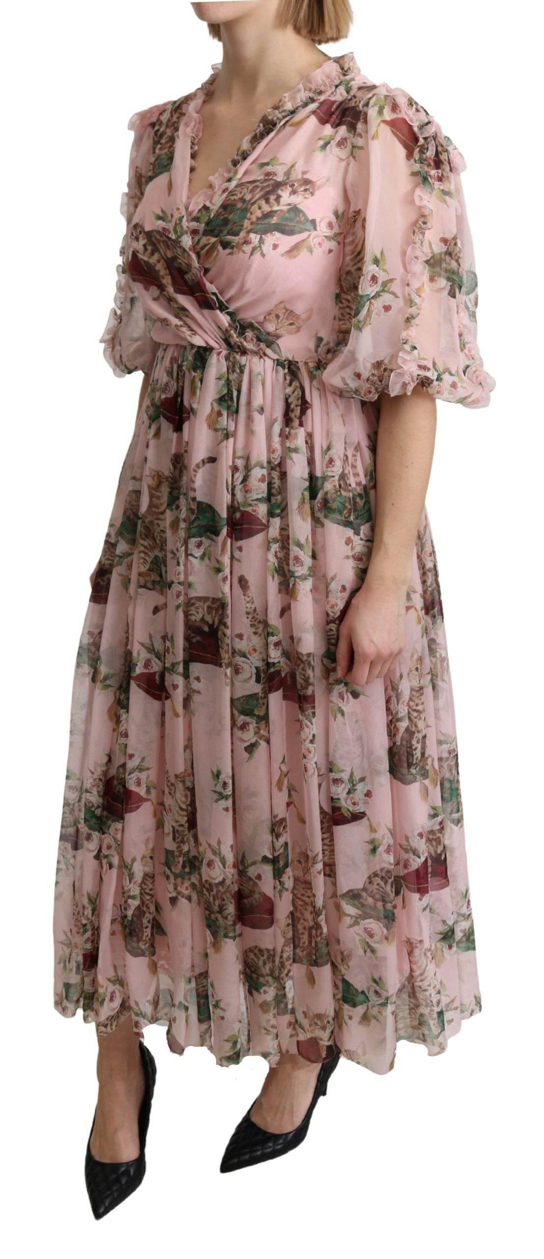 Dolce & Gabbana Elegant Pink Bengal Cat Print A-Line Maxi Dress - Hilstor