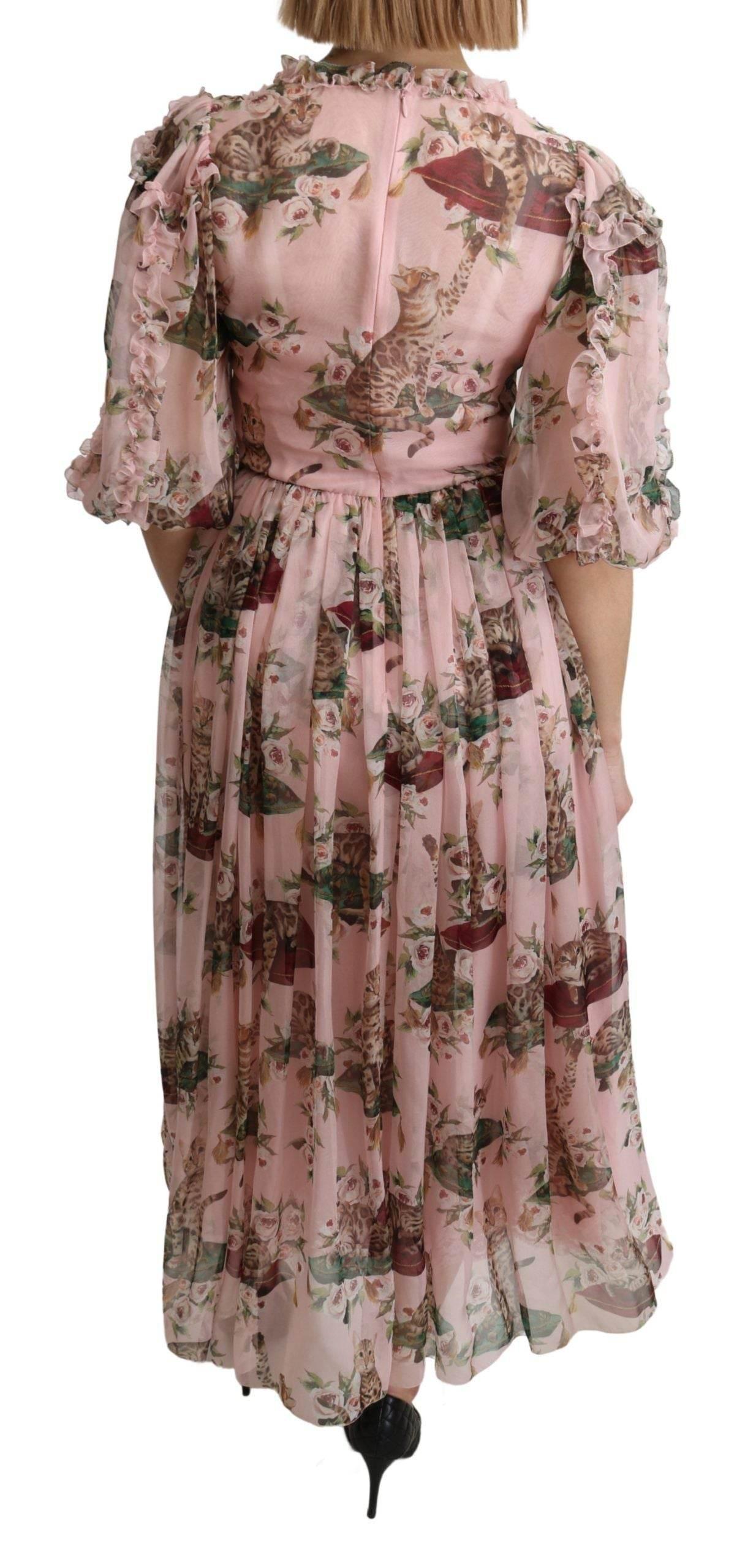 Dolce & Gabbana Elegant Pink Bengal Cat Print A-Line Maxi Dress - Hilstor