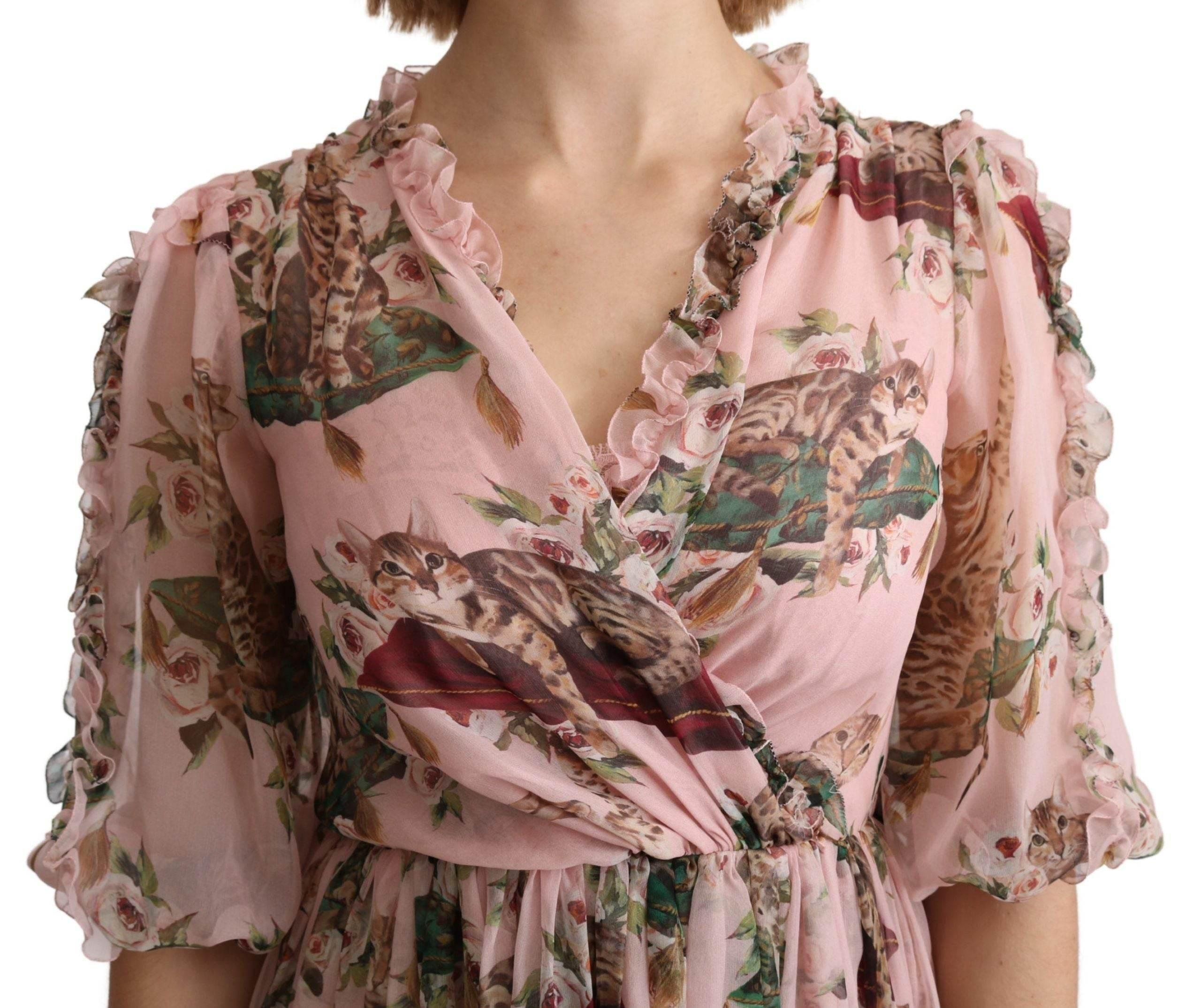 Dolce & Gabbana Elegant Pink Bengal Cat Print A-Line Maxi Dress - Hilstor