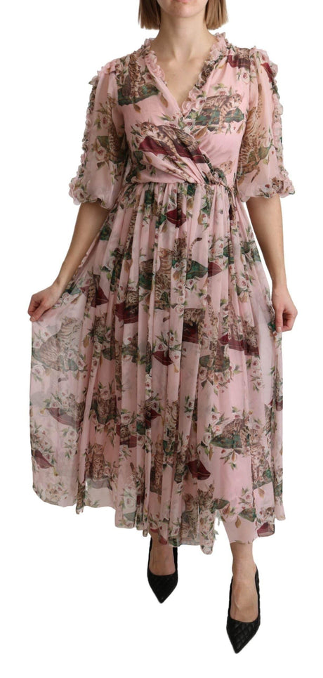 Dolce & Gabbana Elegant Pink Bengal Cat Print A-Line Maxi Dress - Hilstor