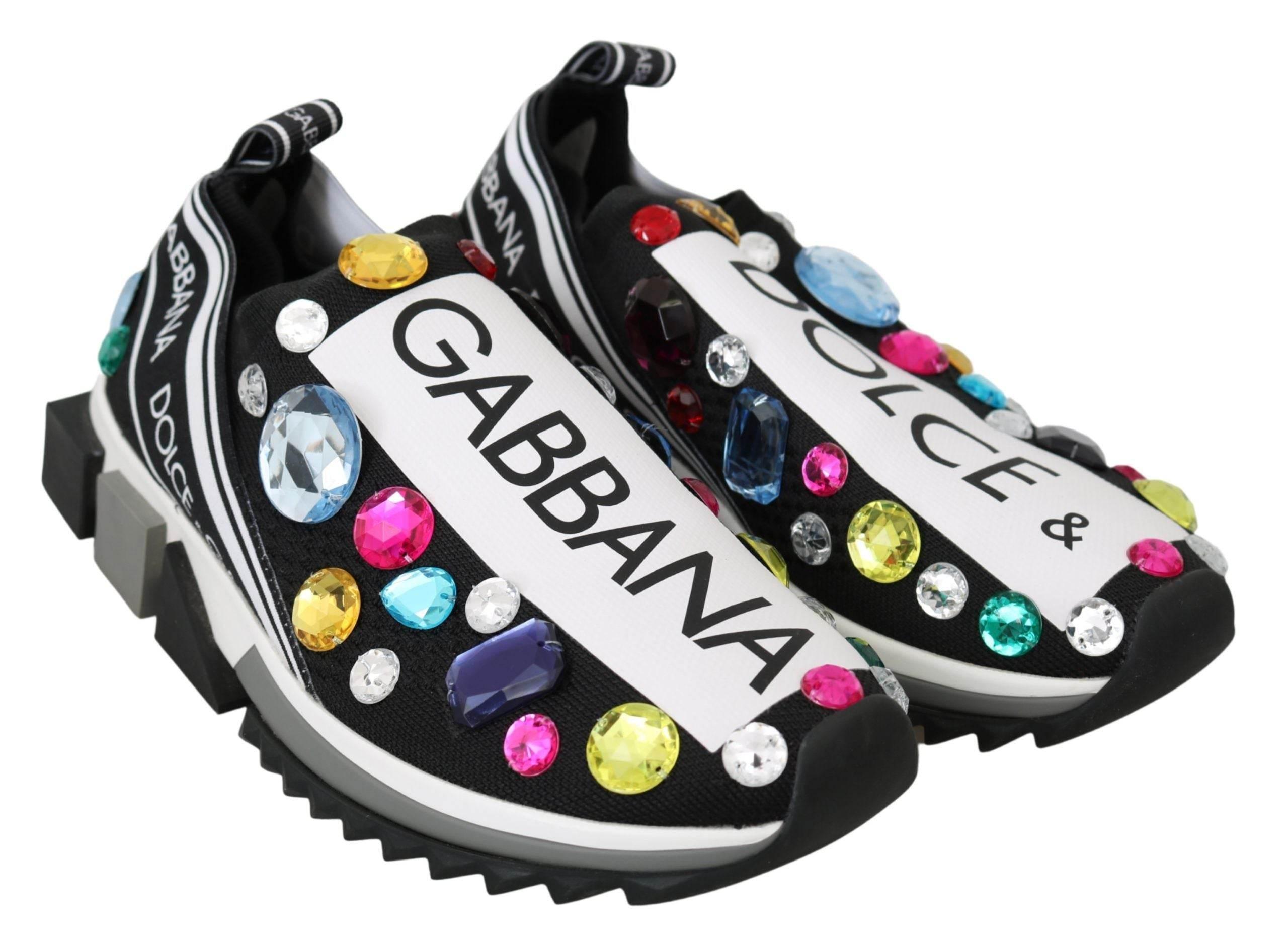 Dolce & Gabbana Black Multicolor Crystal Sneakers Shoes - Hilstor