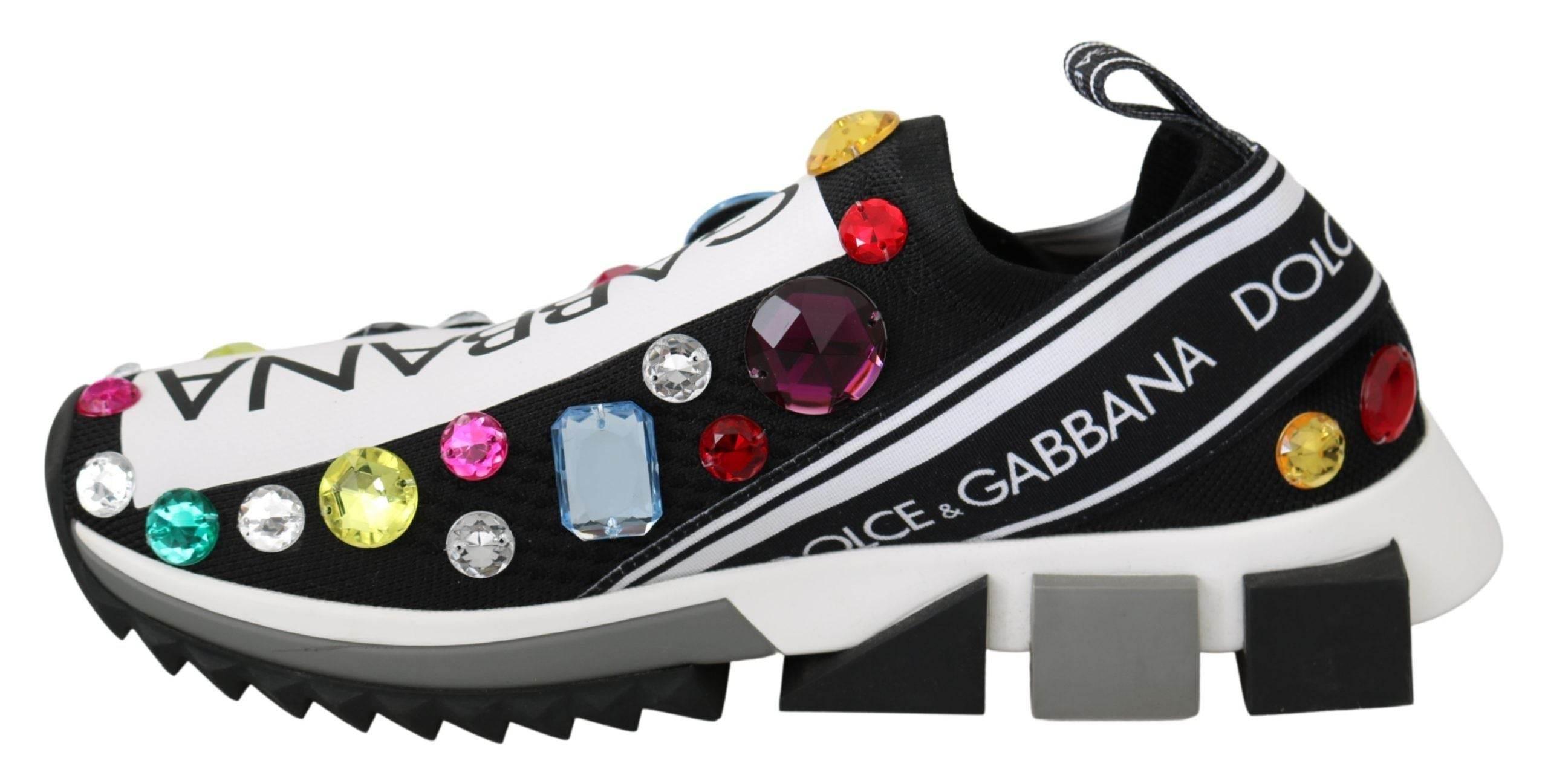 Dolce & Gabbana Black Multicolor Crystal Sneakers Shoes - Hilstor