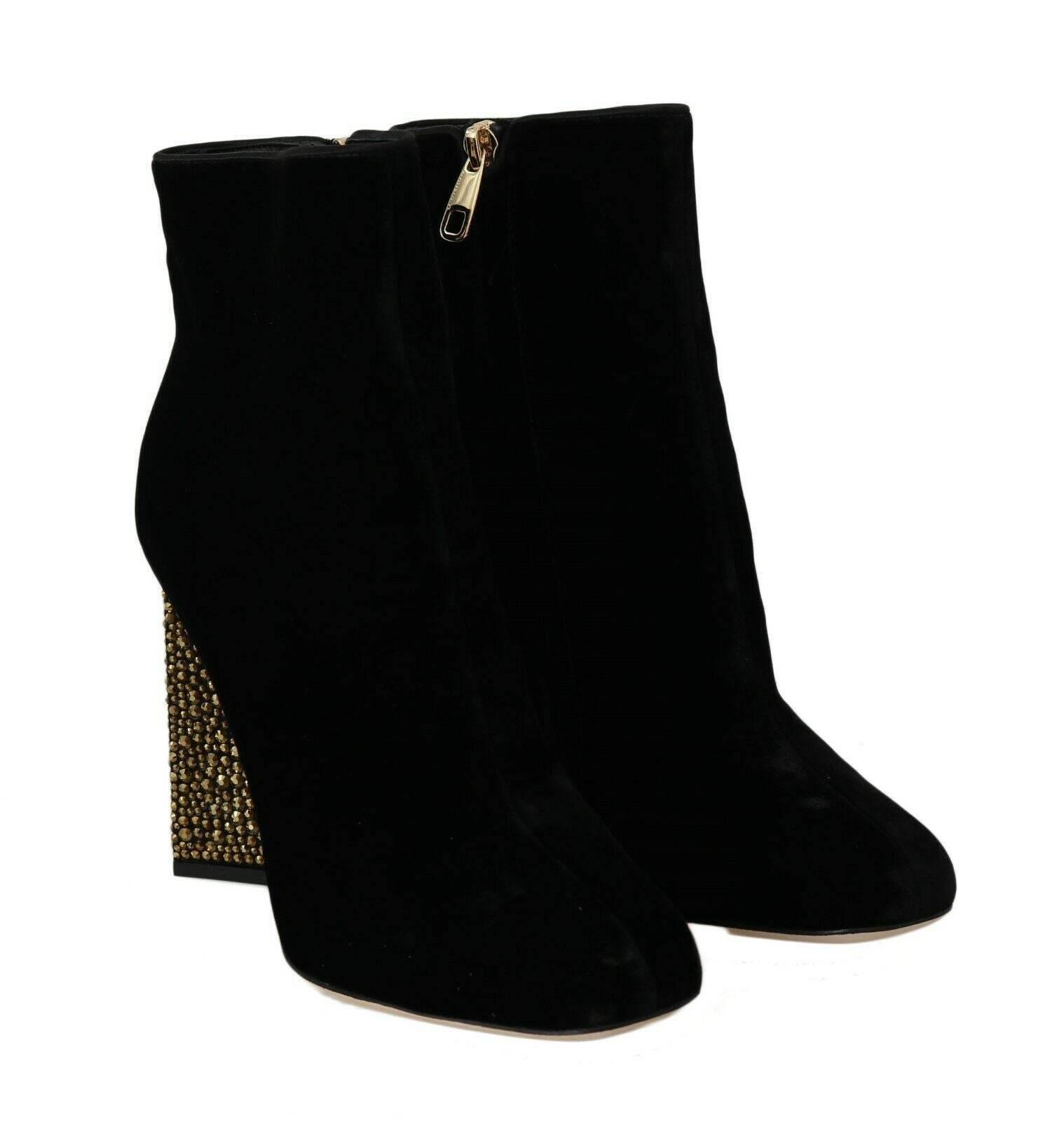 Dolce & Gabbana Elegant Velvet Ankle Boots with Crystal Heels - Hilstor