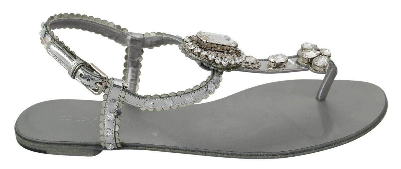 Dolce & Gabbana Elegant Silver Flats with Crystal Embellishments - Hilstor