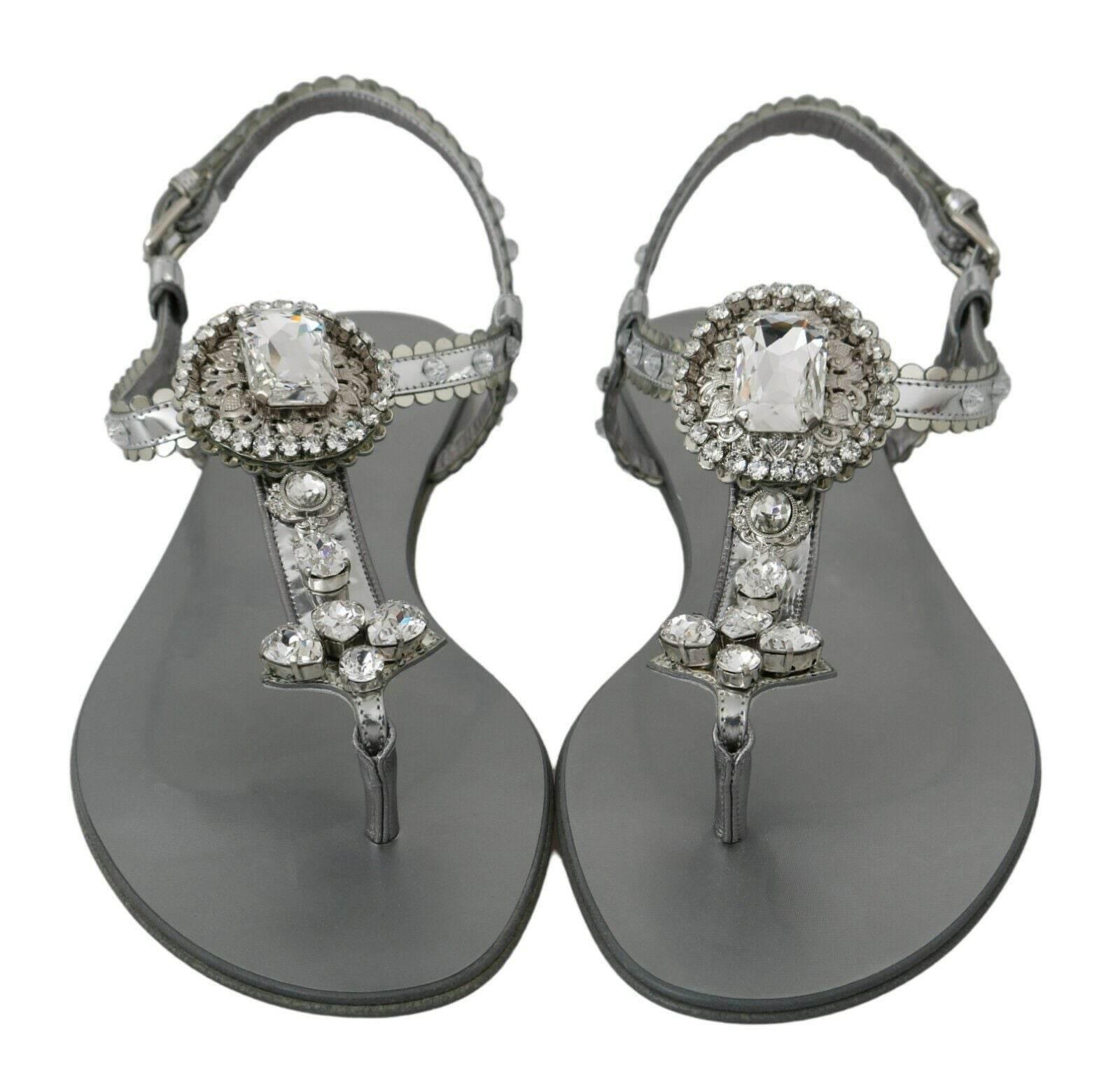 Dolce & Gabbana Elegant Silver Flats with Crystal Embellishments - Hilstor