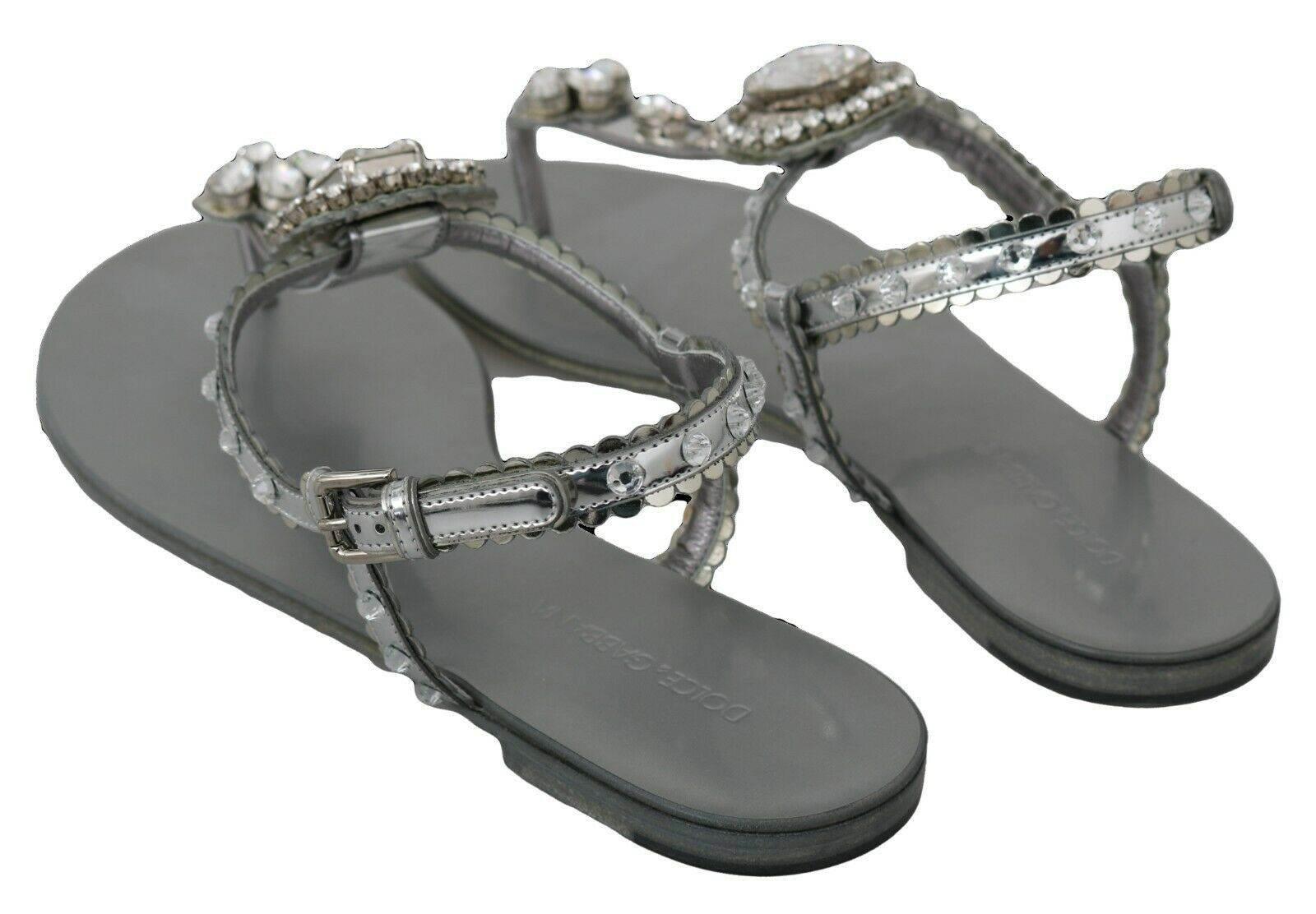 Dolce & Gabbana Elegant Silver Flats with Crystal Embellishments - Hilstor