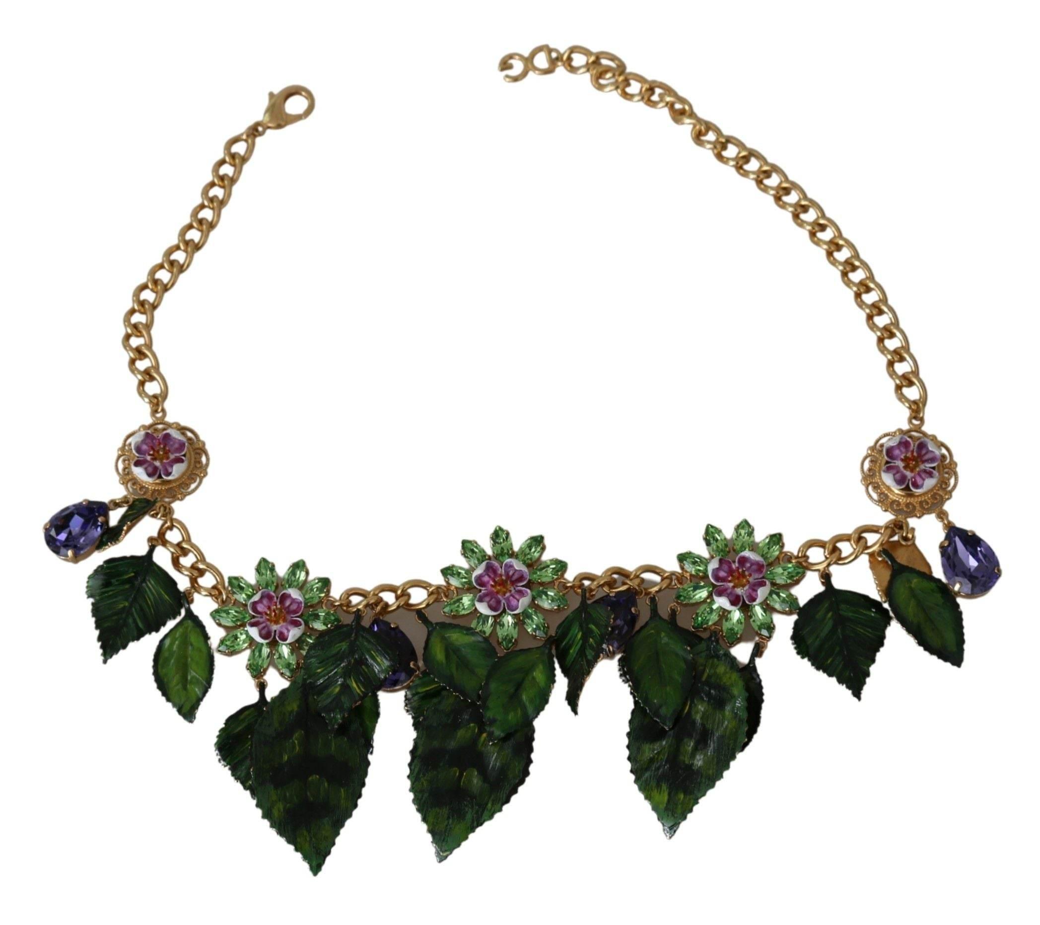 Dolce & Gabbana Elegant Crystal Charms Leaves Pendant Necklace - Hilstor