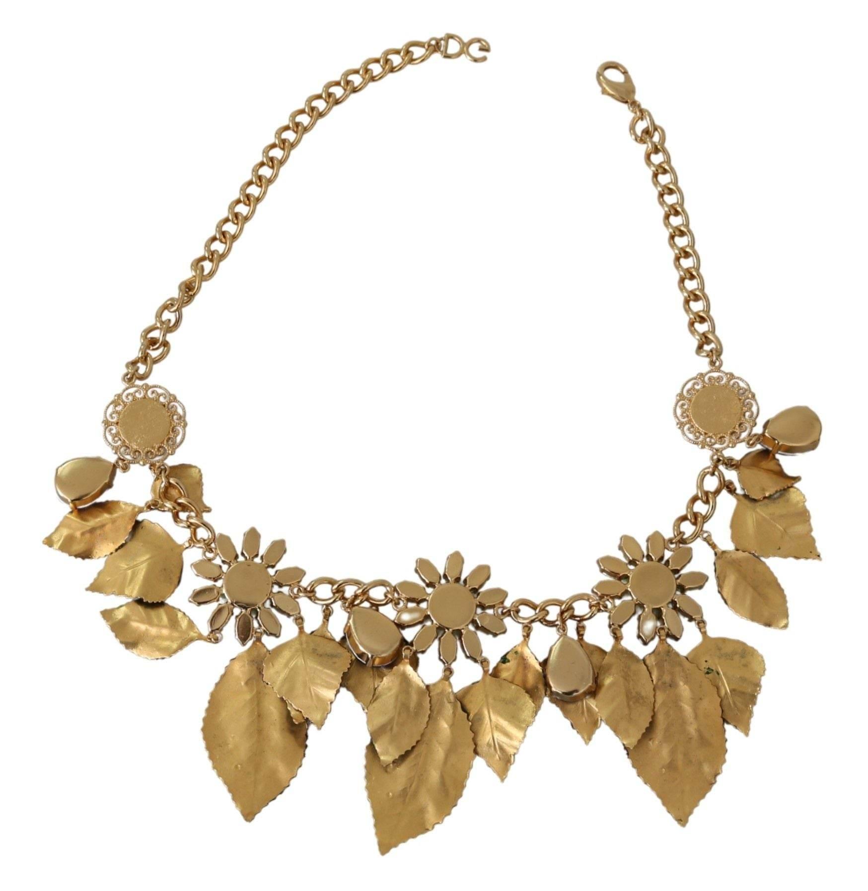 Dolce & Gabbana Elegant Crystal Charms Leaves Pendant Necklace - Hilstor