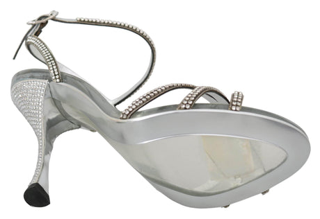 Dolce & Gabbana Silver Leather Ankle Strap Sandals with Crystals - Hilstor