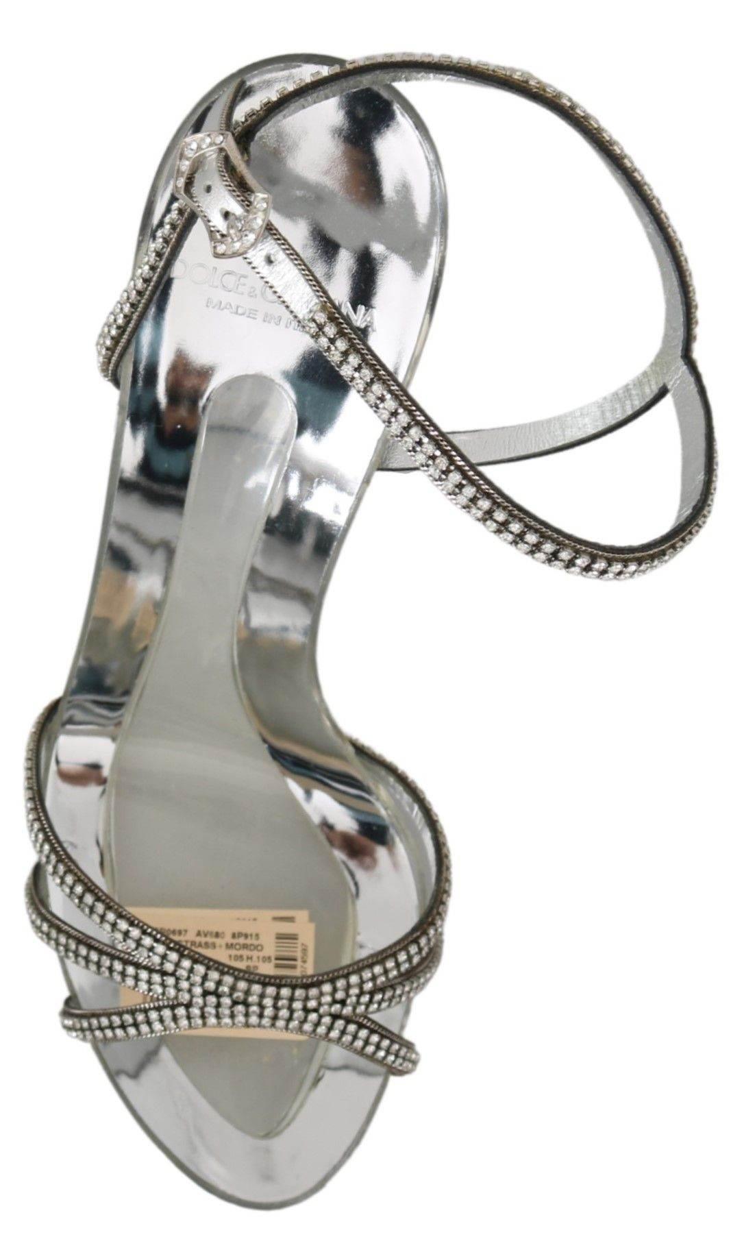 Dolce & Gabbana Silver Leather Ankle Strap Sandals with Crystals - Hilstor