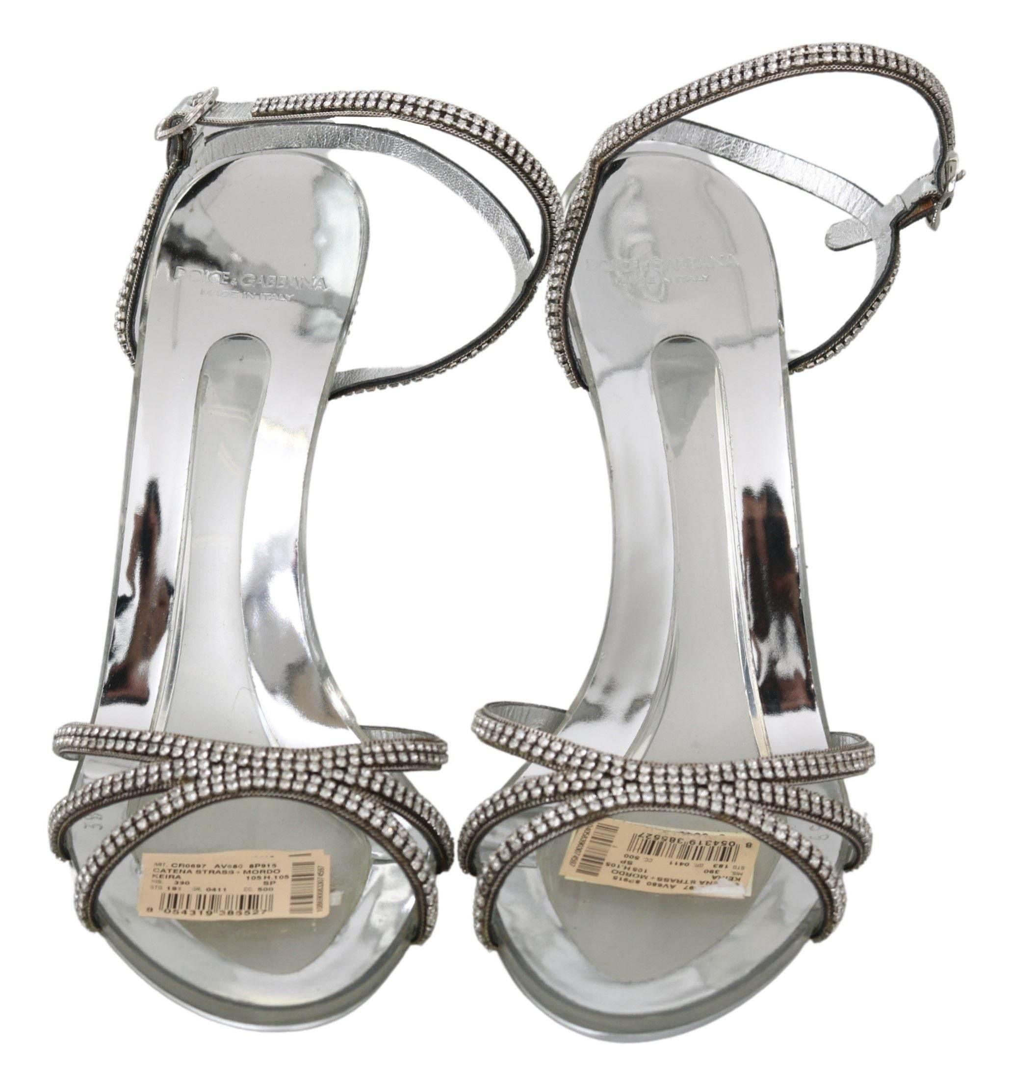 Dolce & Gabbana Silver Leather Ankle Strap Sandals with Crystals - Hilstor