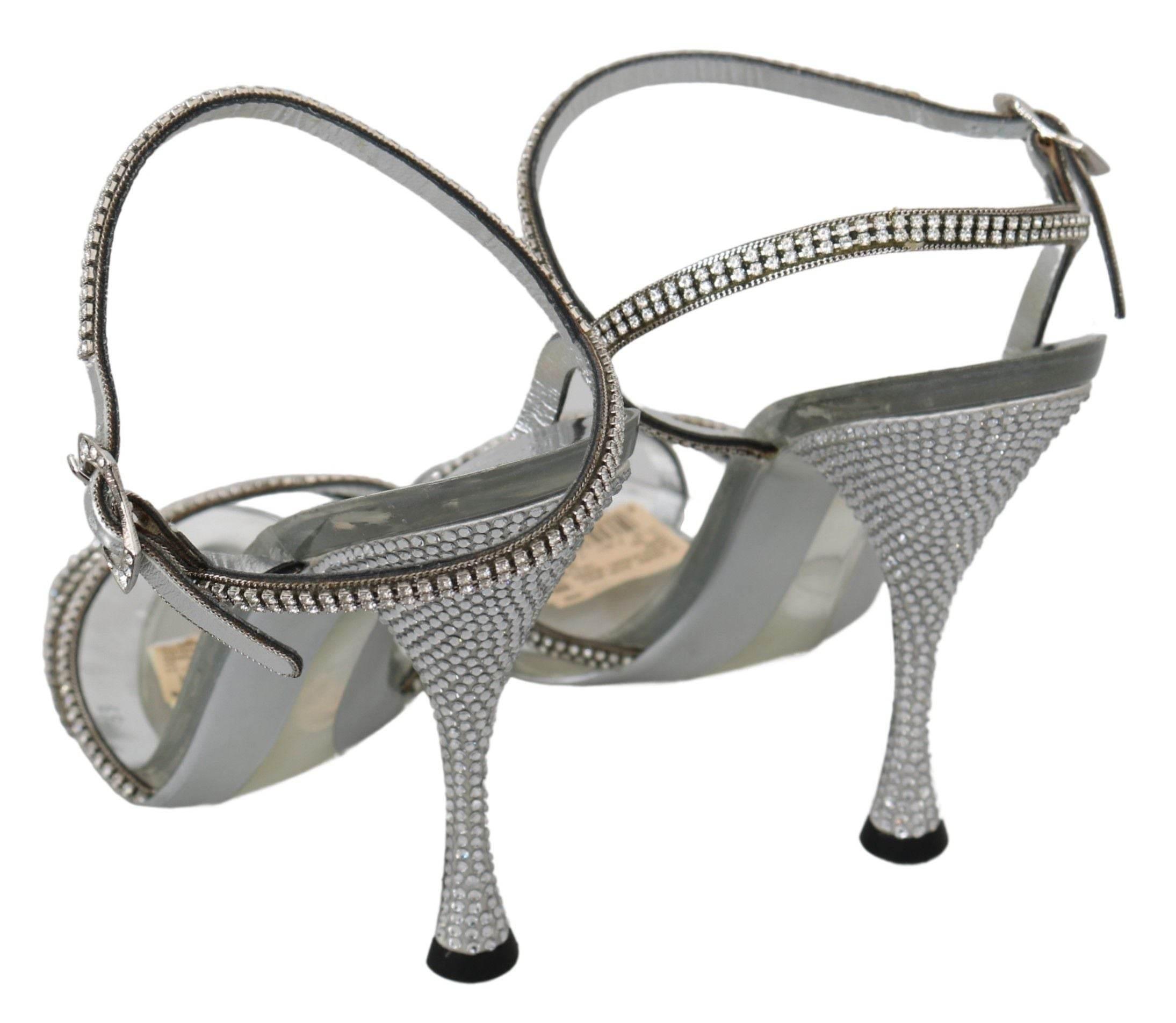 Dolce & Gabbana Silver Leather Ankle Strap Sandals with Crystals - Hilstor