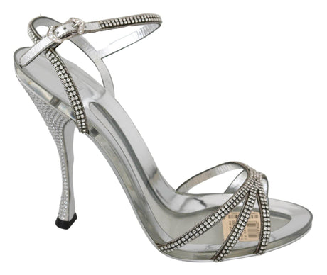 Dolce & Gabbana Silver Leather Ankle Strap Sandals with Crystals - Hilstor