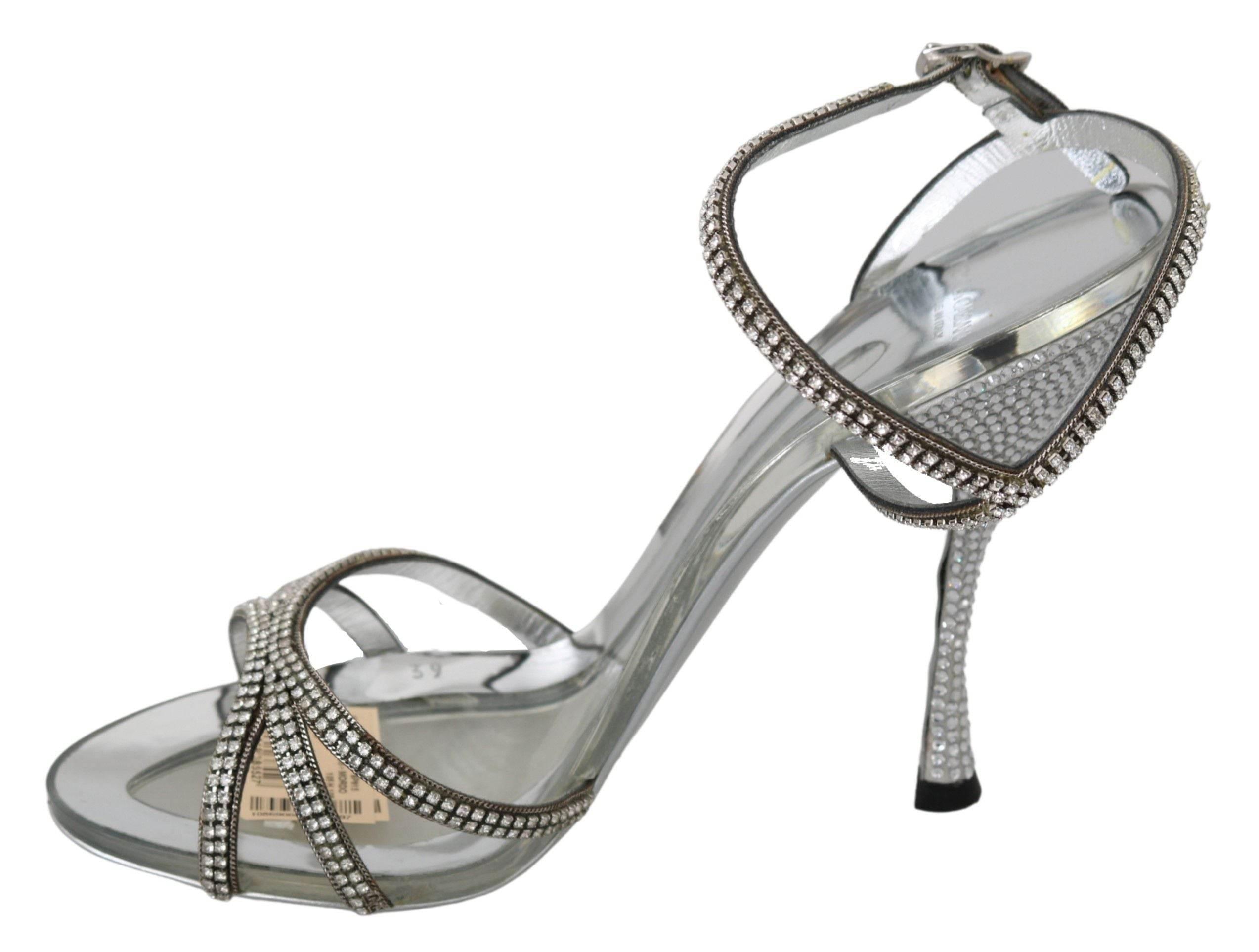 Dolce & Gabbana Silver Leather Ankle Strap Sandals with Crystals - Hilstor