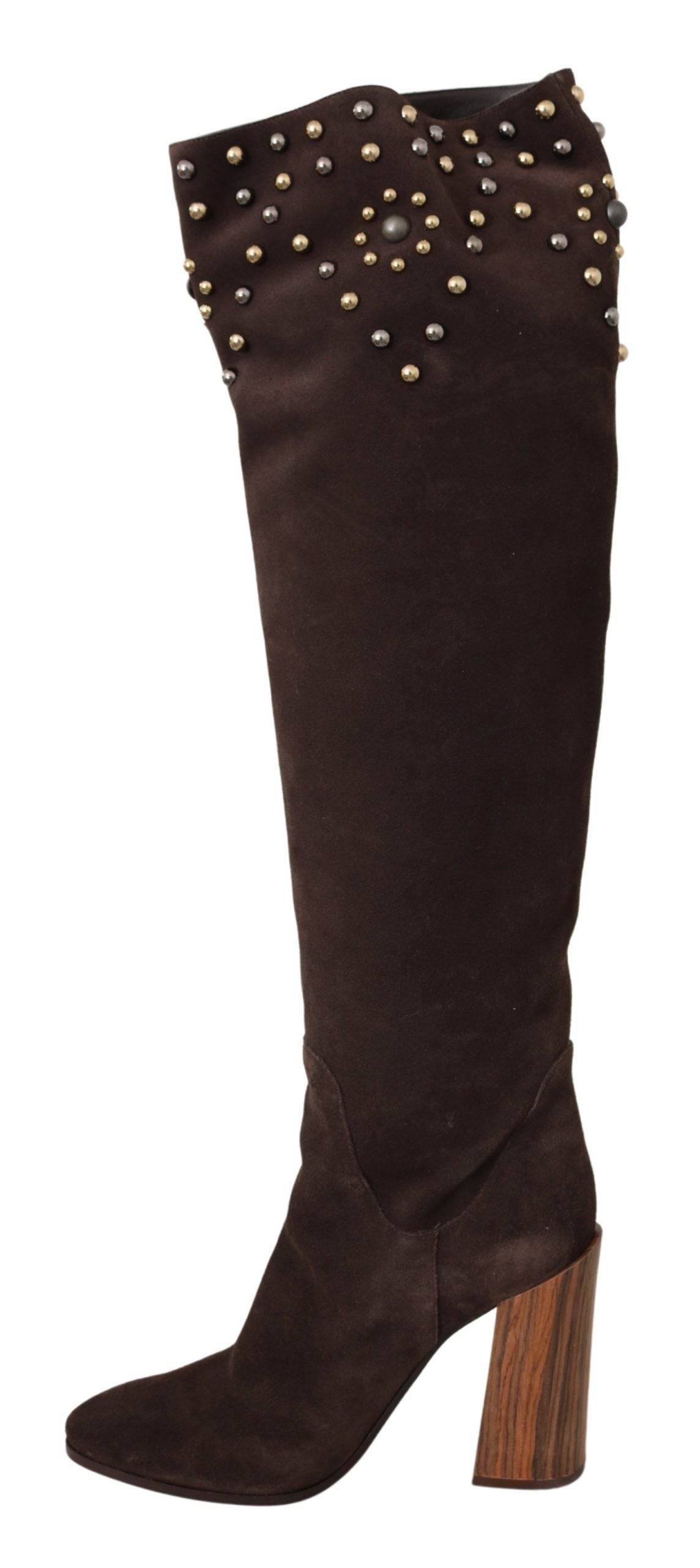 Dolce & Gabbana Studded Suede Knee High Boots in Brown - Hilstor