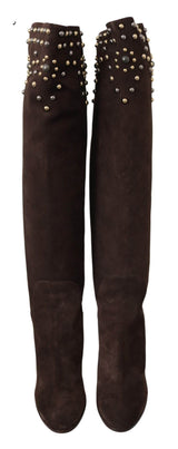 Dolce & Gabbana Studded Suede Knee High Boots in Brown - Hilstor