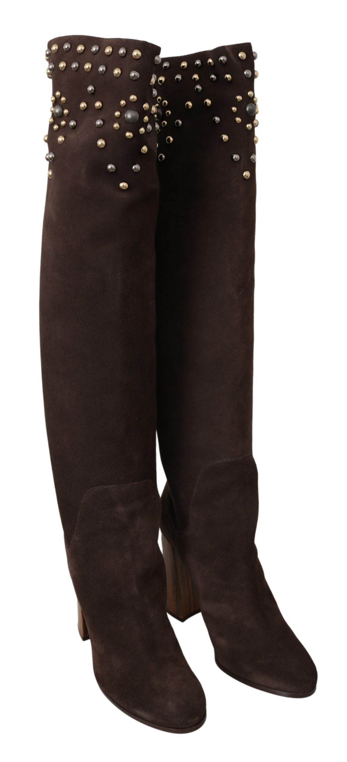 Dolce & Gabbana Studded Suede Knee High Boots in Brown - Hilstor