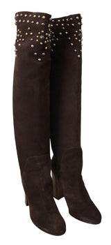 Dolce & Gabbana Studded Suede Knee High Boots in Brown - Hilstor