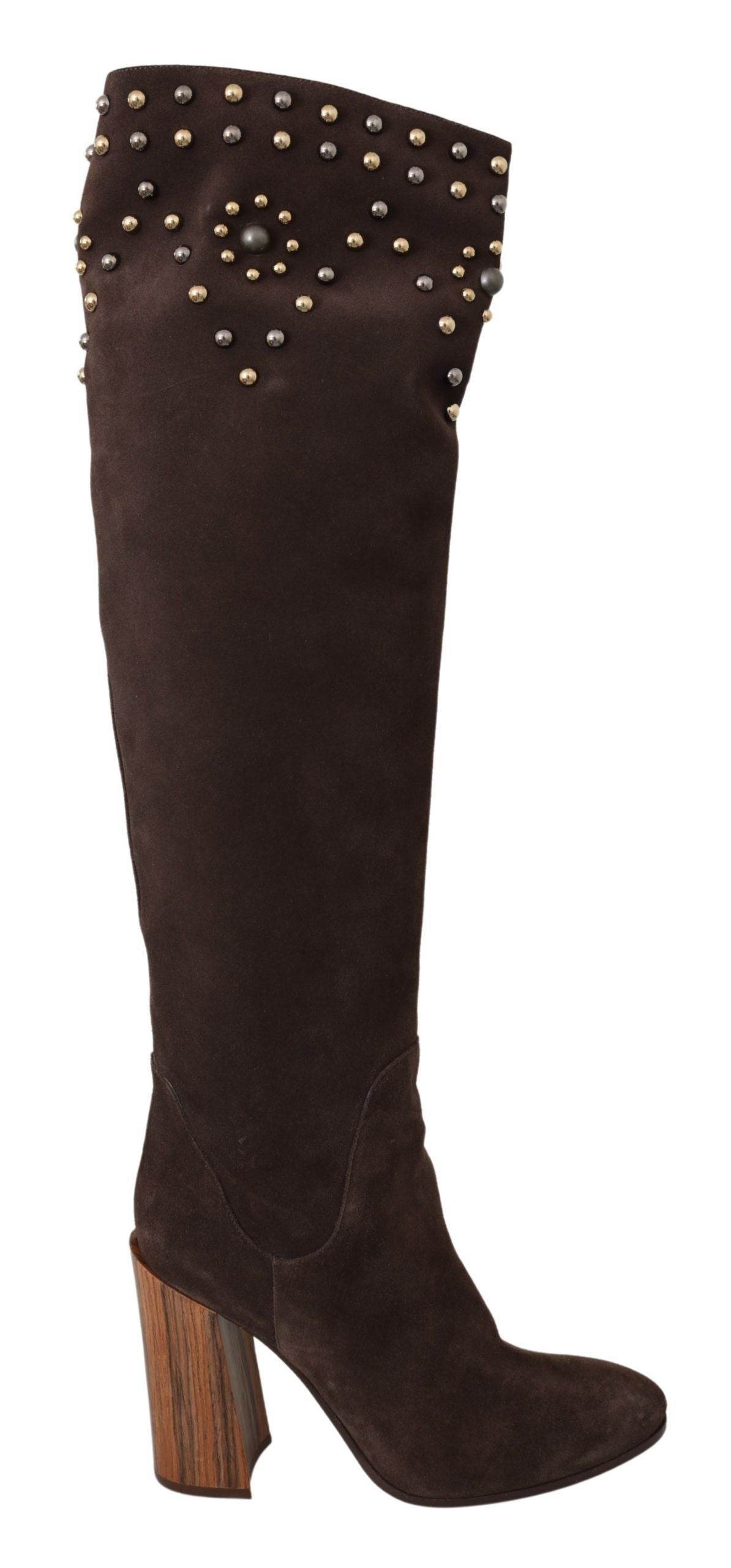 Dolce & Gabbana Studded Suede Knee High Boots in Brown - Hilstor