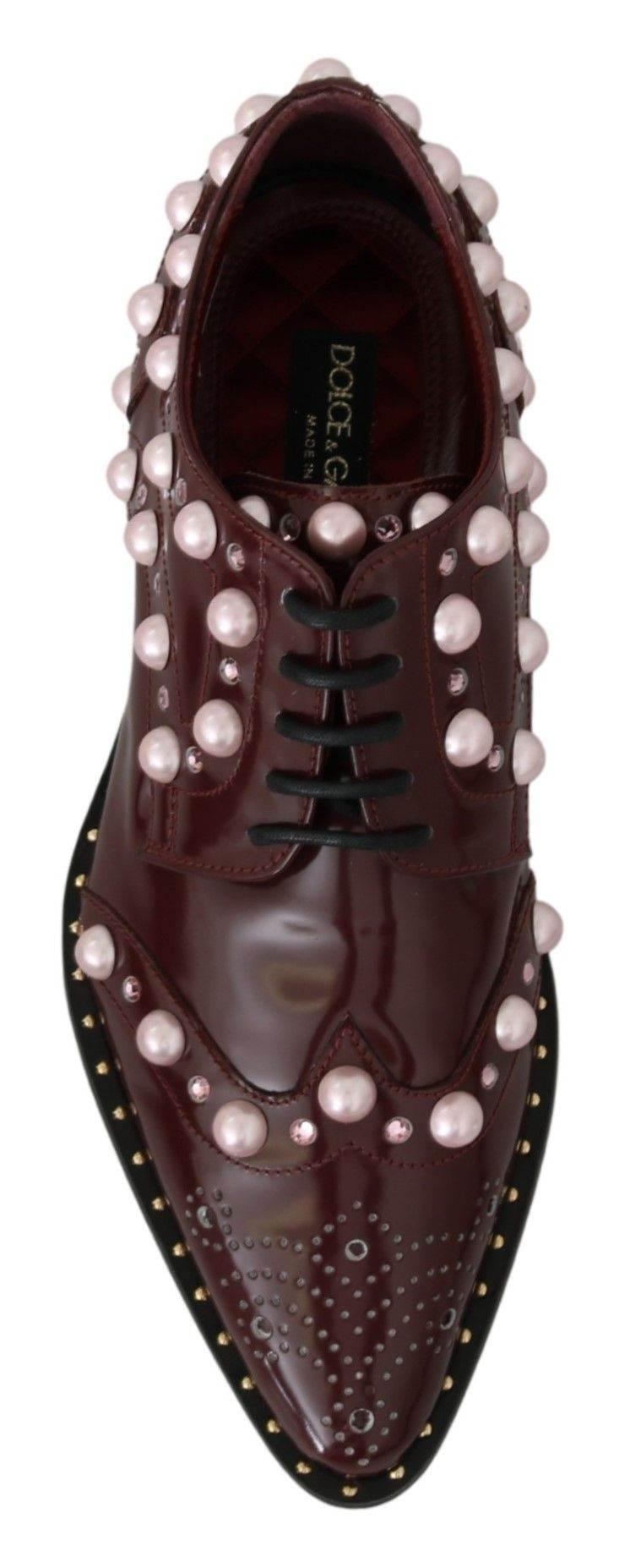 Dolce & Gabbana Elegant Bordeaux Lace-Up Flats with Pearls and Crystals - Hilstor