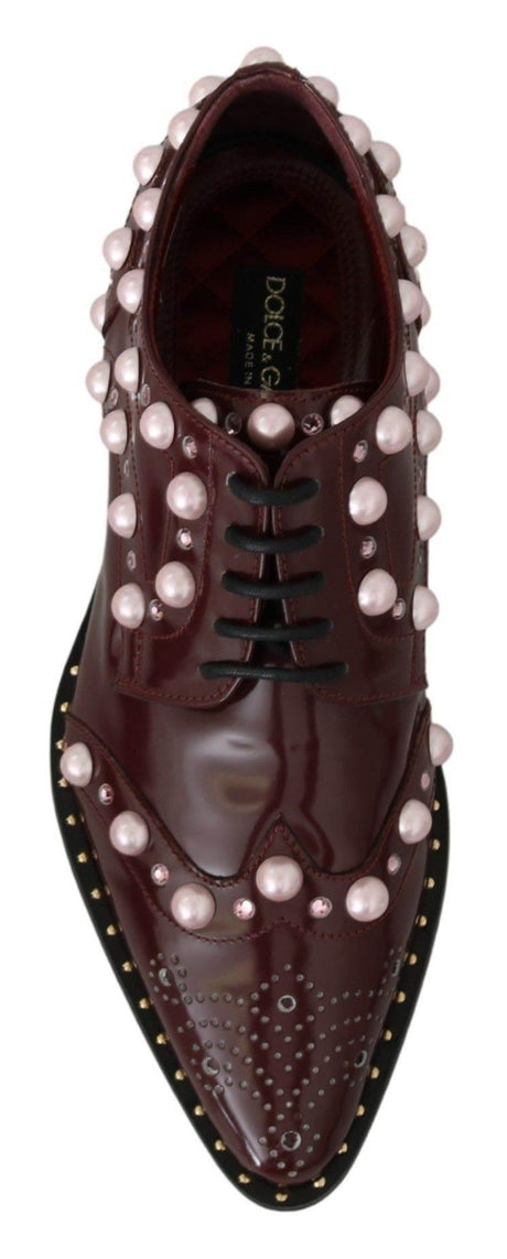 Dolce & Gabbana Elegant Bordeaux Lace-Up Flats with Pearls and Crystals - Hilstor