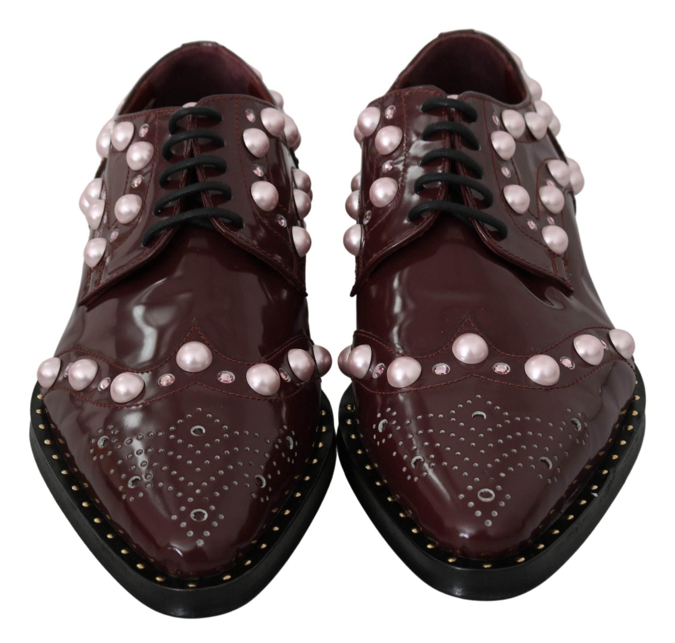 Dolce & Gabbana Elegant Bordeaux Lace-Up Flats with Pearls and Crystals - Hilstor
