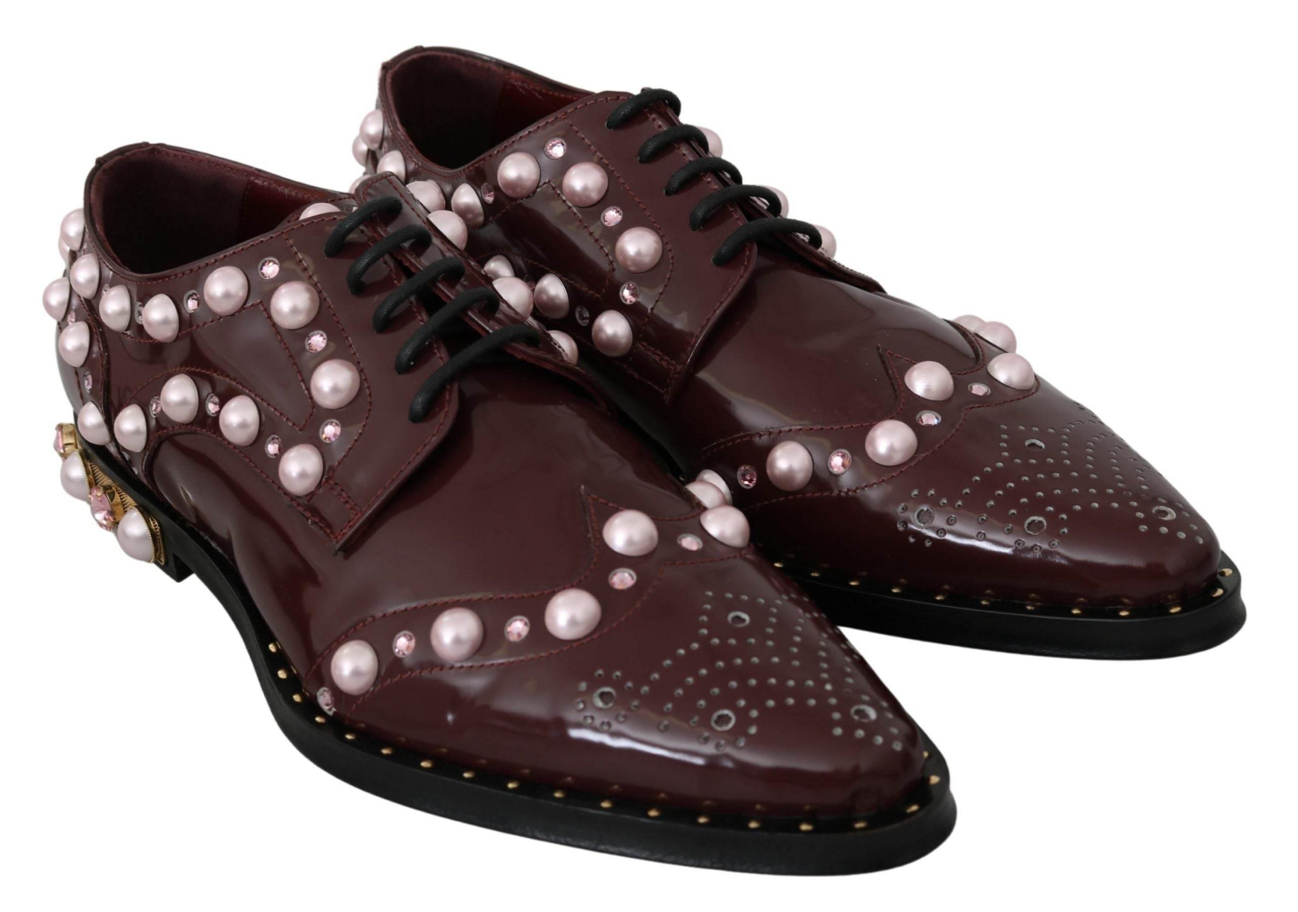 Dolce & Gabbana Elegant Bordeaux Lace-Up Flats with Pearls and Crystals - Hilstor