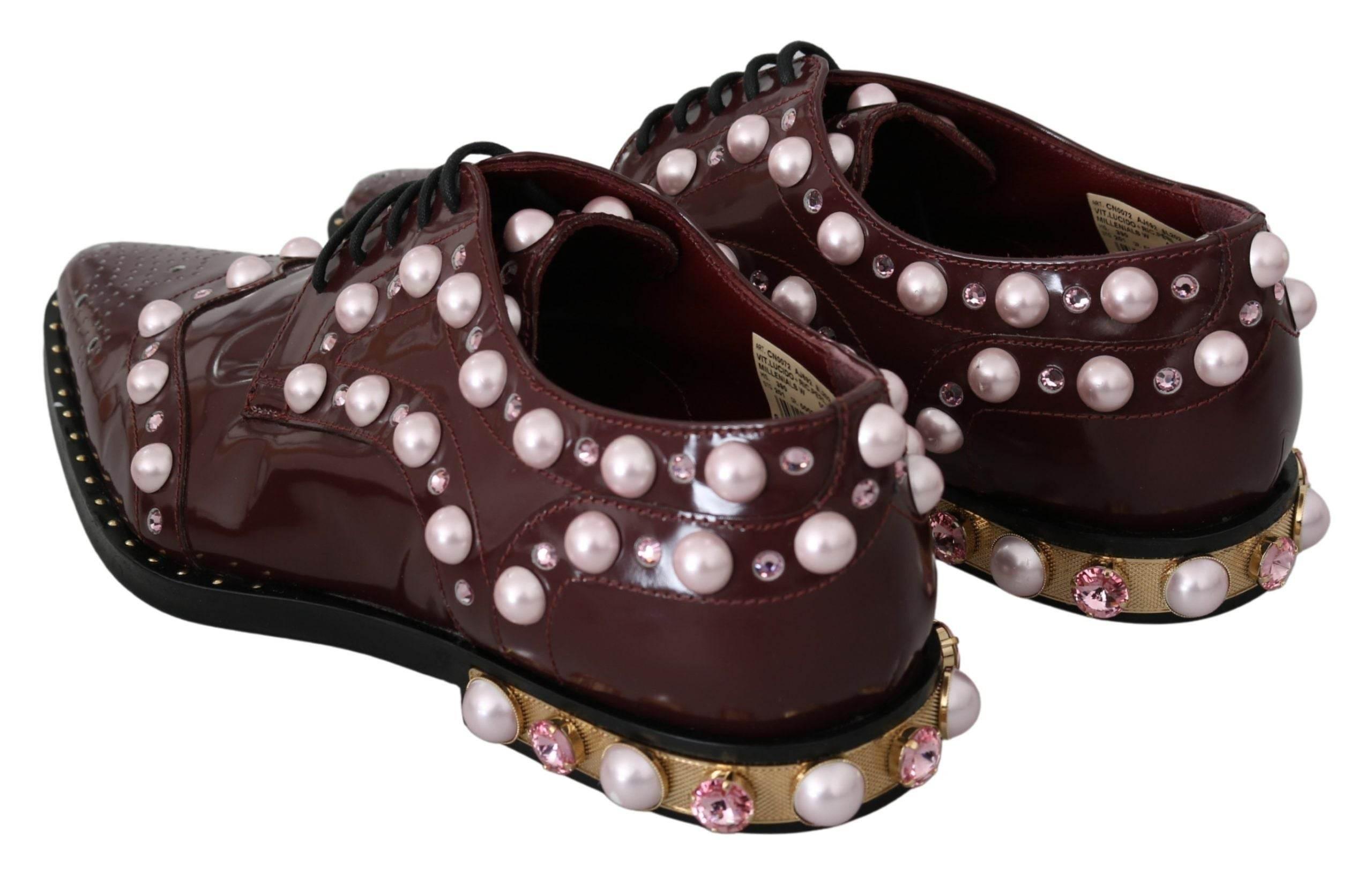 Dolce & Gabbana Elegant Bordeaux Lace-Up Flats with Pearls and Crystals - Hilstor