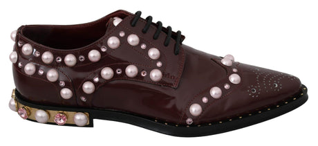 Dolce & Gabbana Elegant Bordeaux Lace-Up Flats with Pearls and Crystals - Hilstor